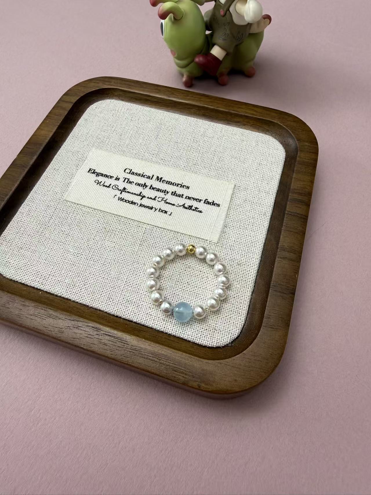 Dainty Faux Pearl Stretch Ring with Light Blue Gemstone Accent R02