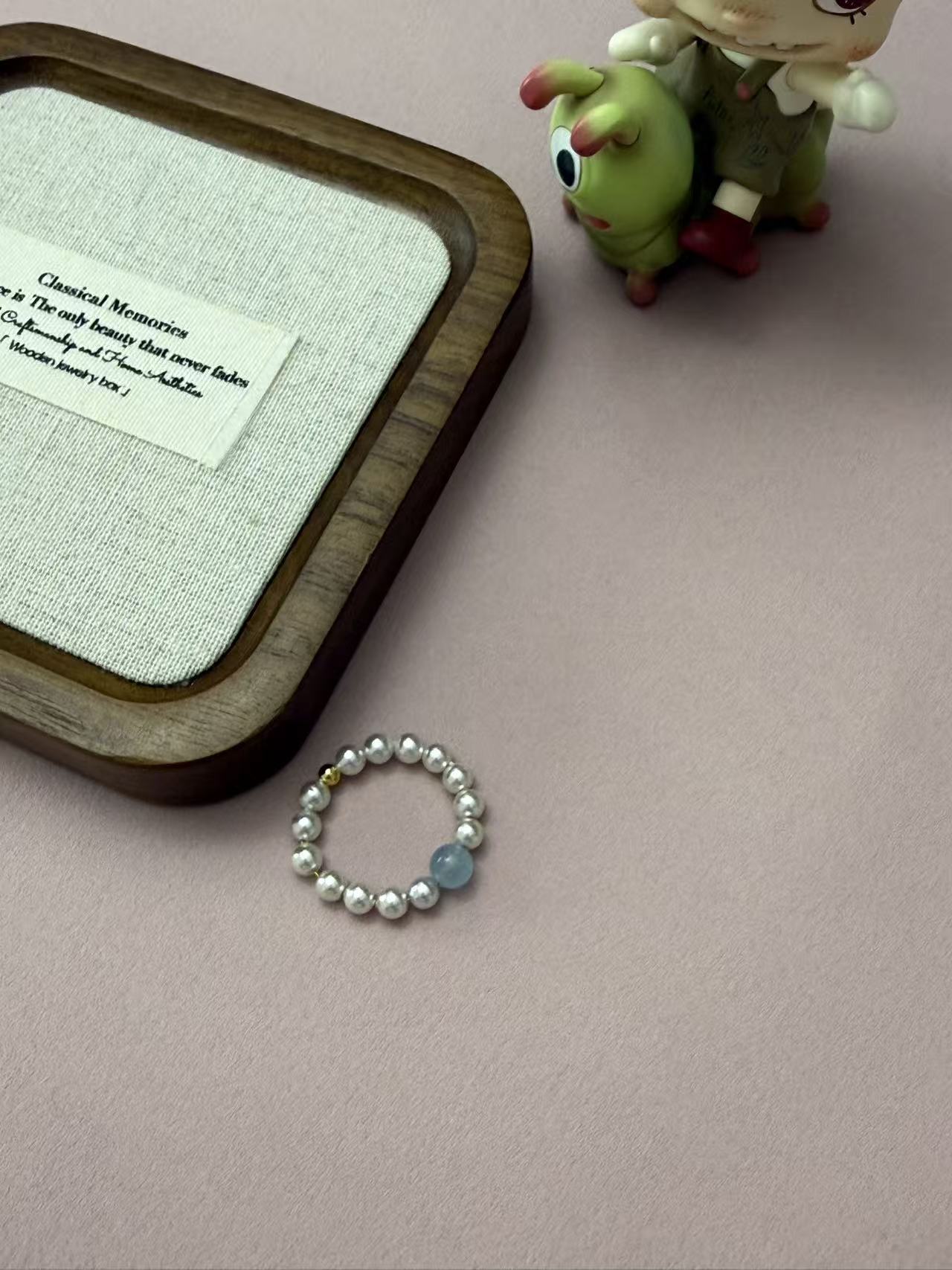 Dainty Faux Pearl Stretch Ring with Light Blue Gemstone Accent R02