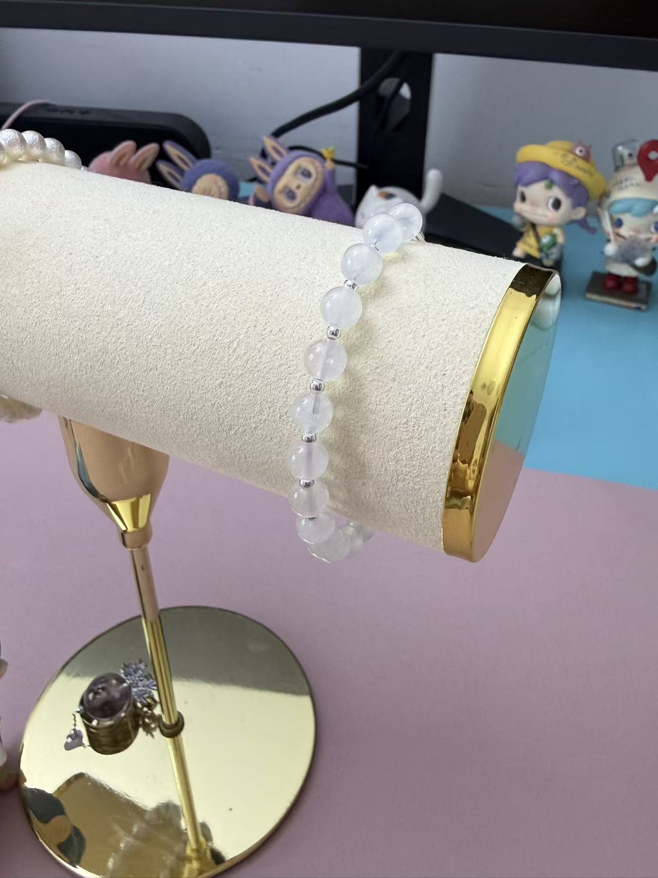6mm Natural White Moonstone Beaded Bracelet with Silver Spacers & Adjustable Chain B331