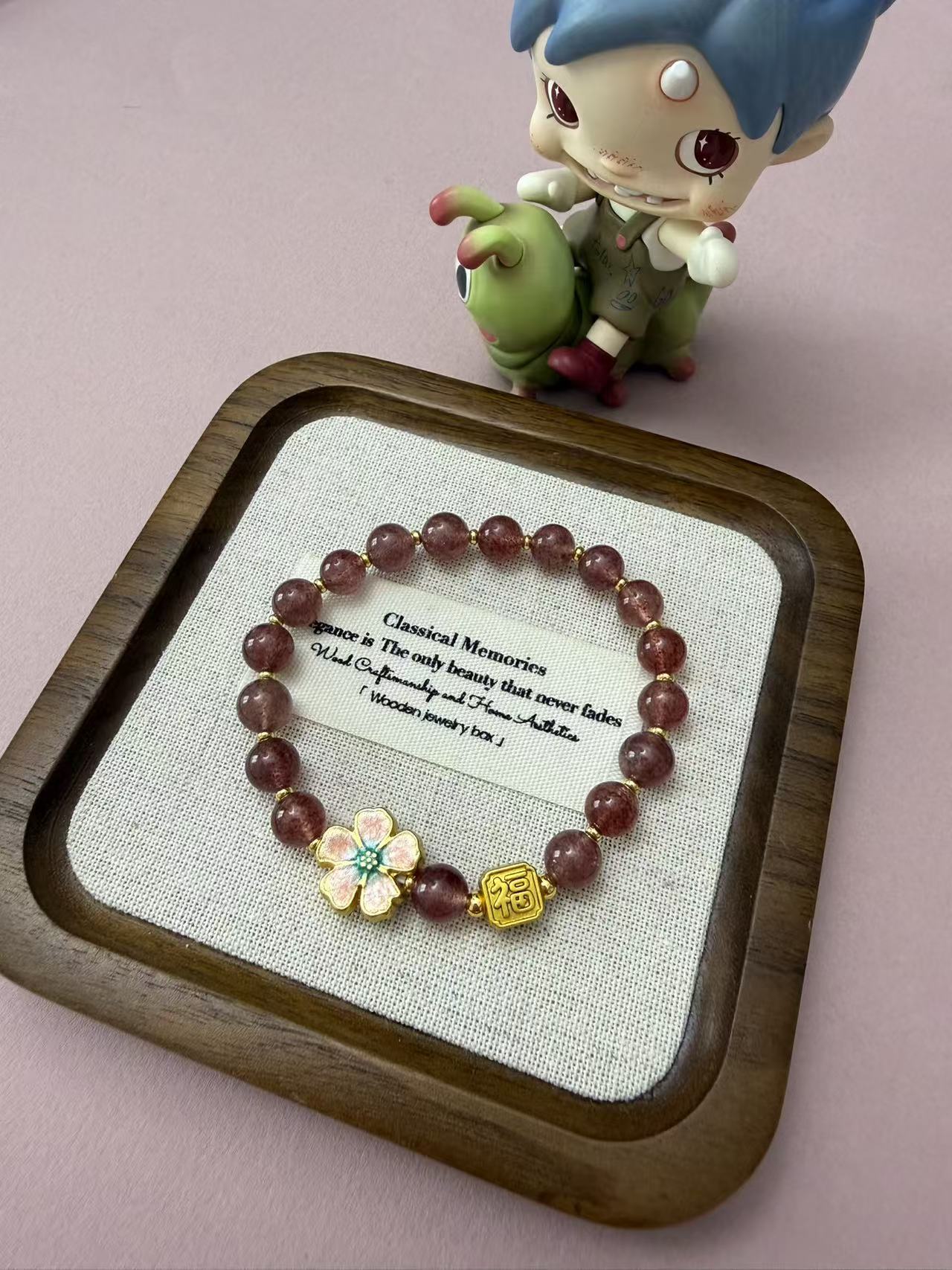 Strawberry Quartz Beaded Bracelet with Gold Sakura & "Fu" Fortune Charm Accents B329