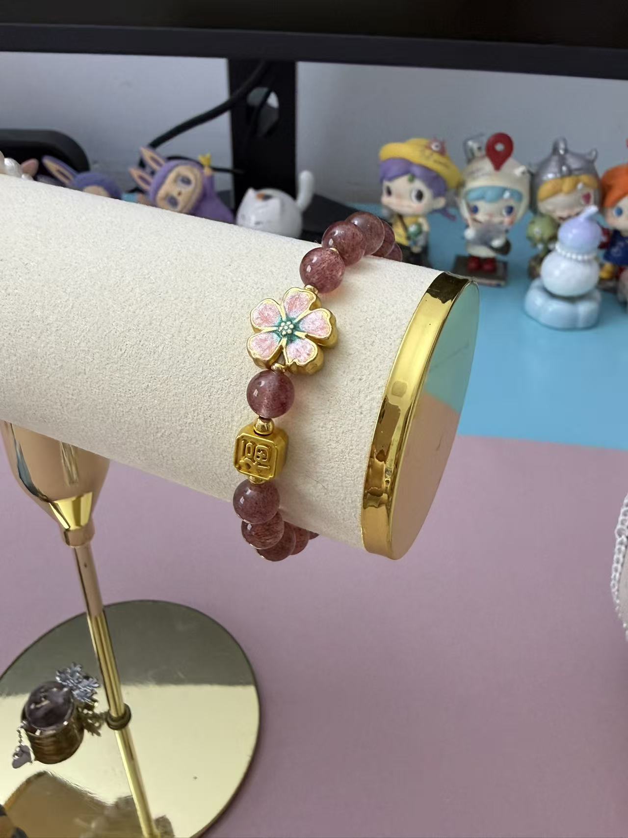 Strawberry Quartz Beaded Bracelet with Gold Sakura & "Fu" Fortune Charm Accents B329