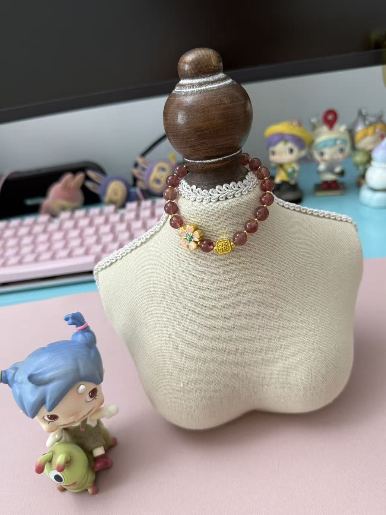 Strawberry Quartz Beaded Bracelet with Gold Sakura & "Fu" Fortune Charm Accents B329