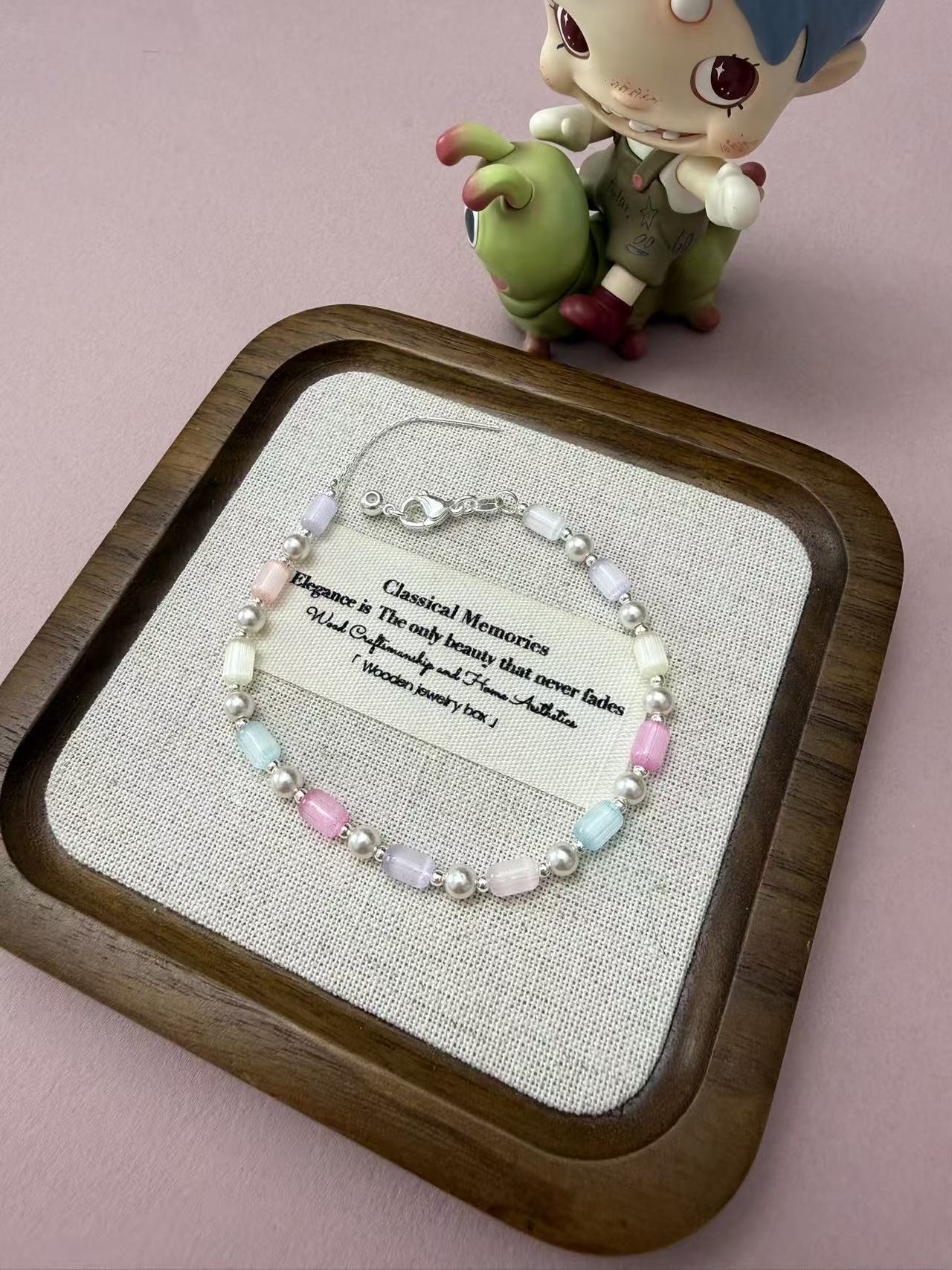 Pastel Cat's Eye Beaded Bracelet with Faux Pearl Silver Spacers & Adjustable Chain B282