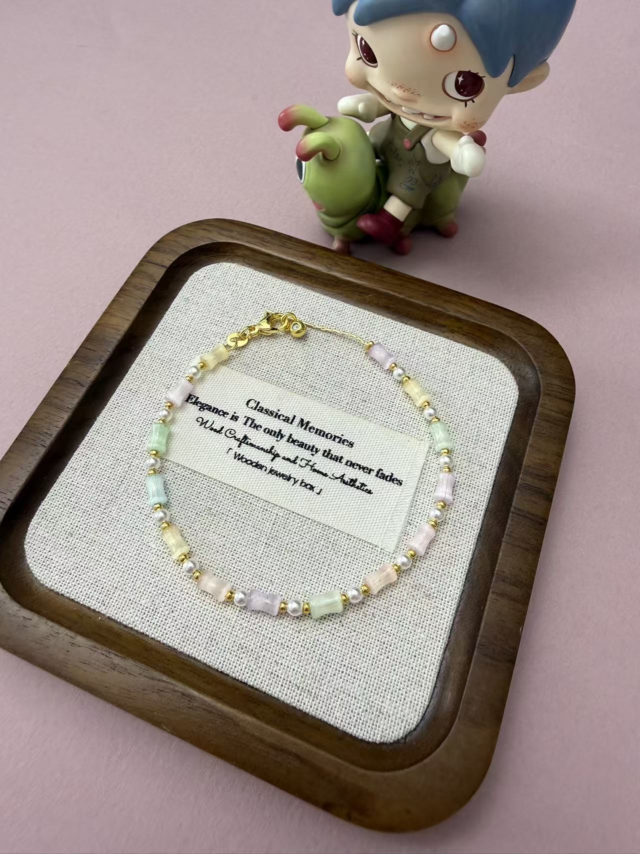 Pastel Bamboo Beaded Bracelet with Gold Plated Details & Faux Pearl Accents B336