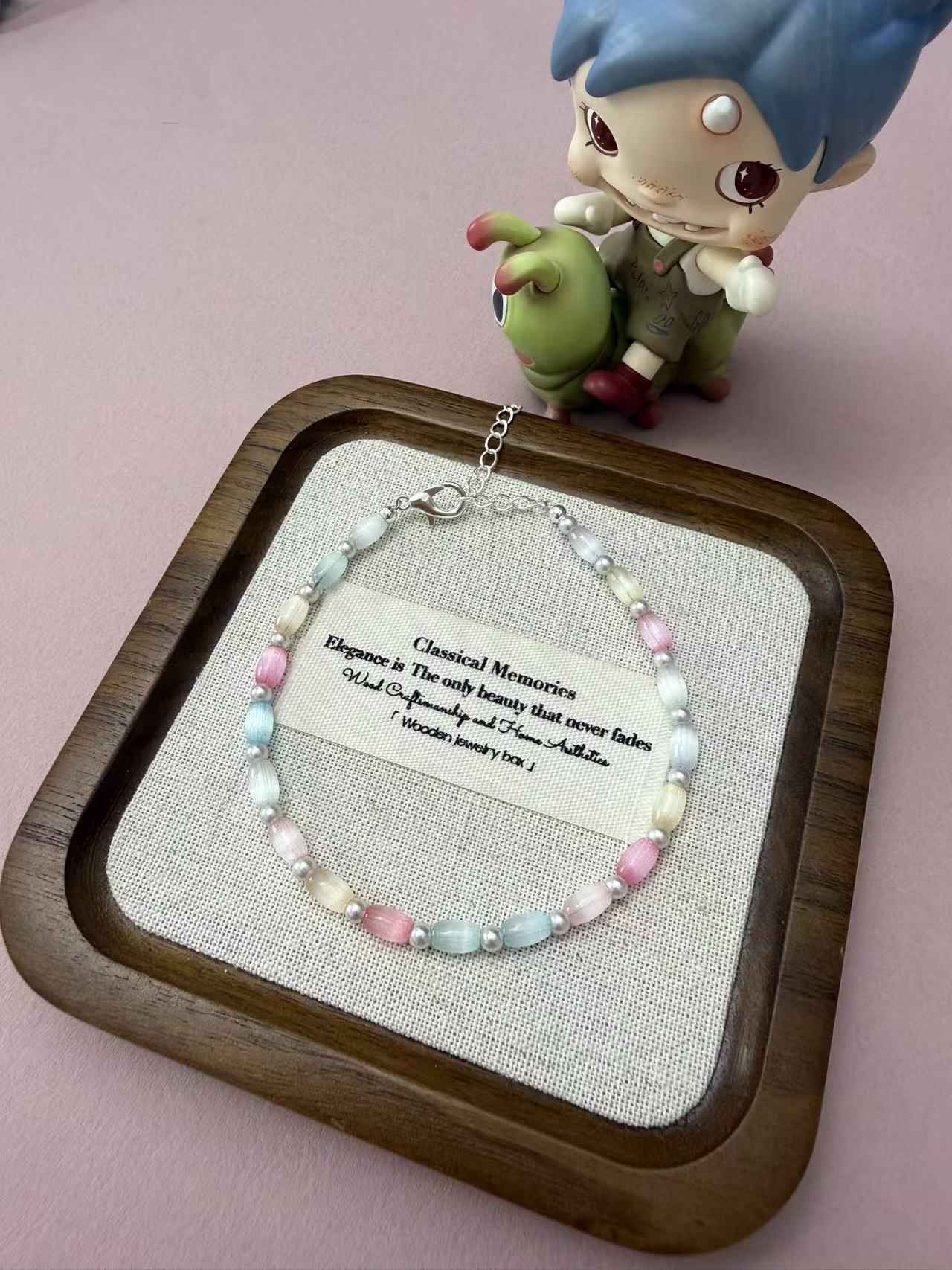 Pastel Multicolor Cat's Eye Barrel Beaded Bracelet with Adjustable Silver Chain B337