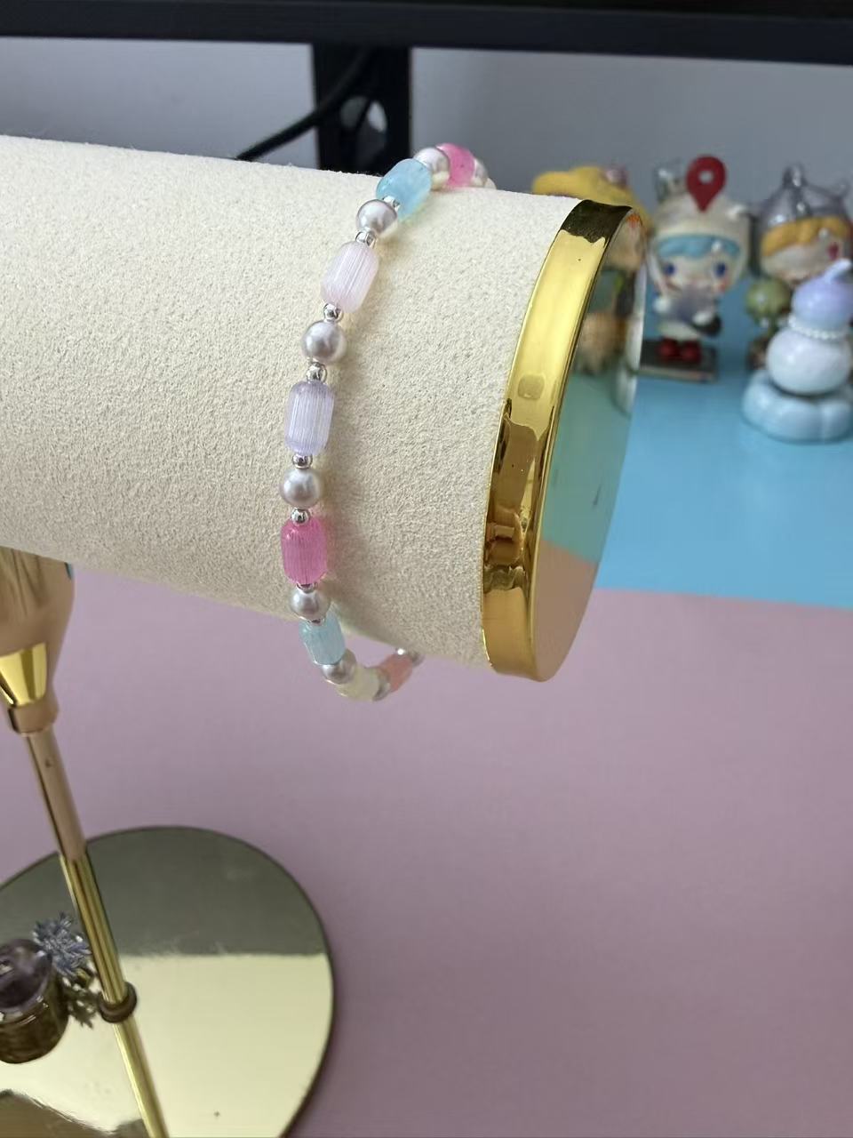 Pastel Cat's Eye Beaded Bracelet with Faux Pearl Silver Spacers & Adjustable Chain B282