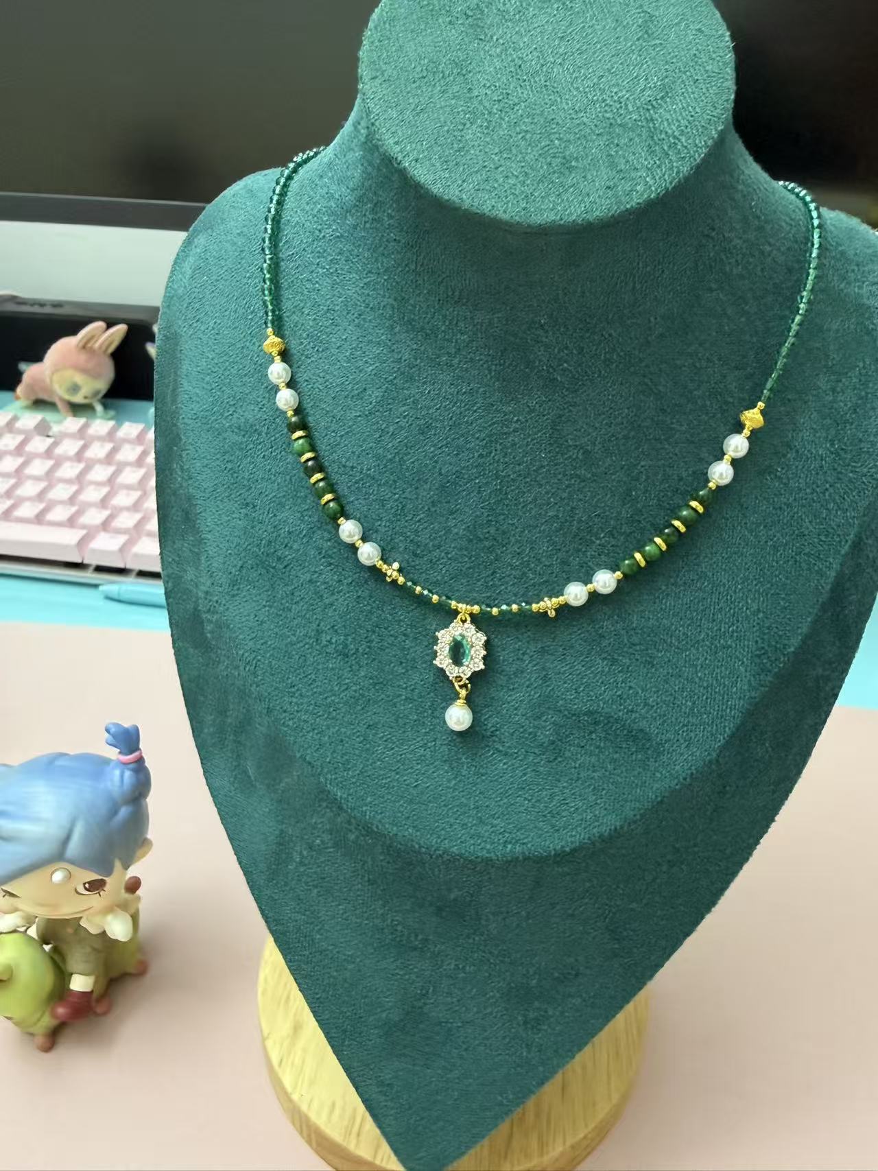 Vintage Emerald & Pearl Beaded Necklace | 14K Gold Plated Zircon Pendant Choker, Elegant Green Stone Necklace for Women N103