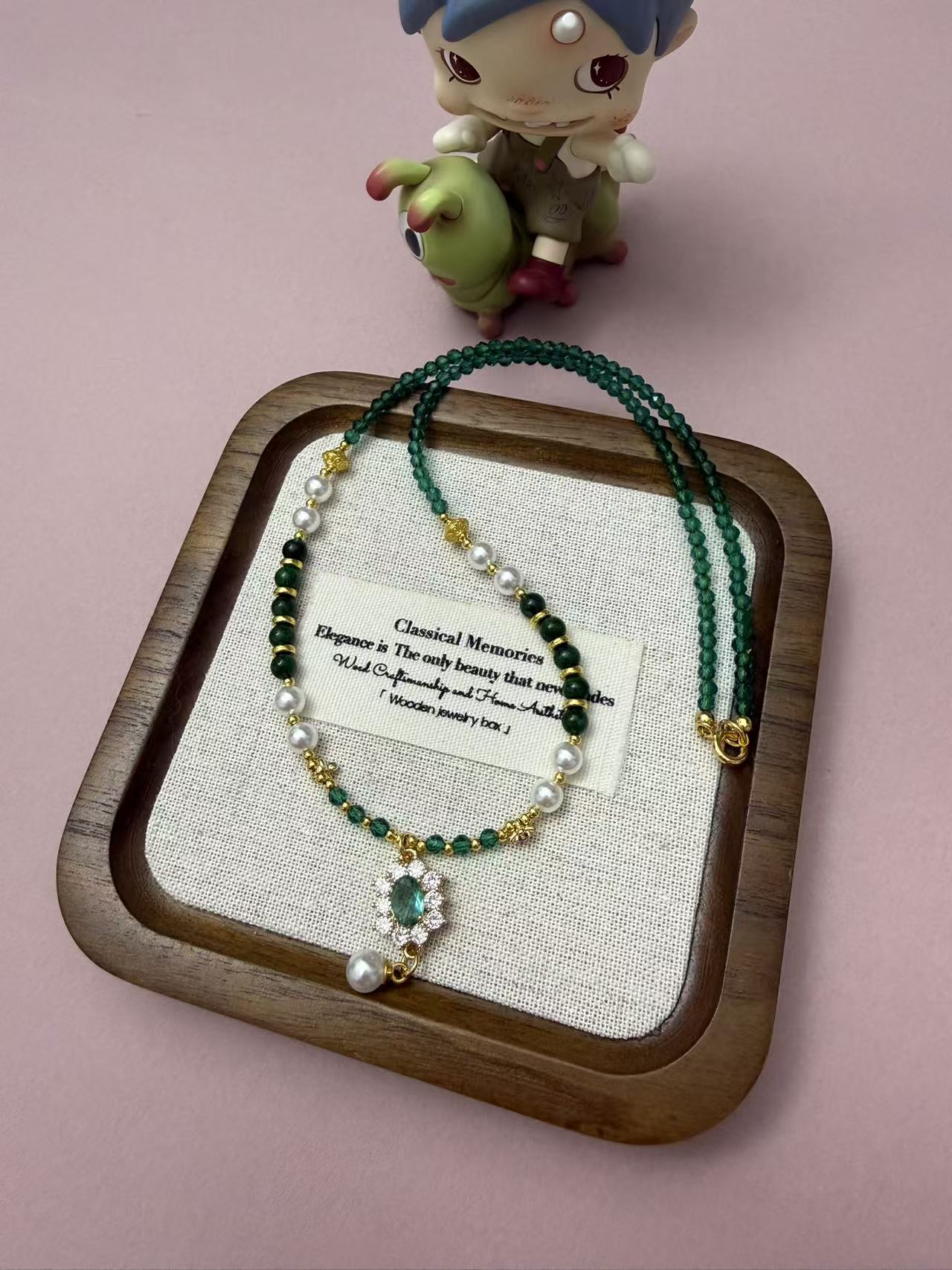 Vintage Emerald & Pearl Beaded Necklace | 14K Gold Plated Zircon Pendant Choker, Elegant Green Stone Necklace for Women N103