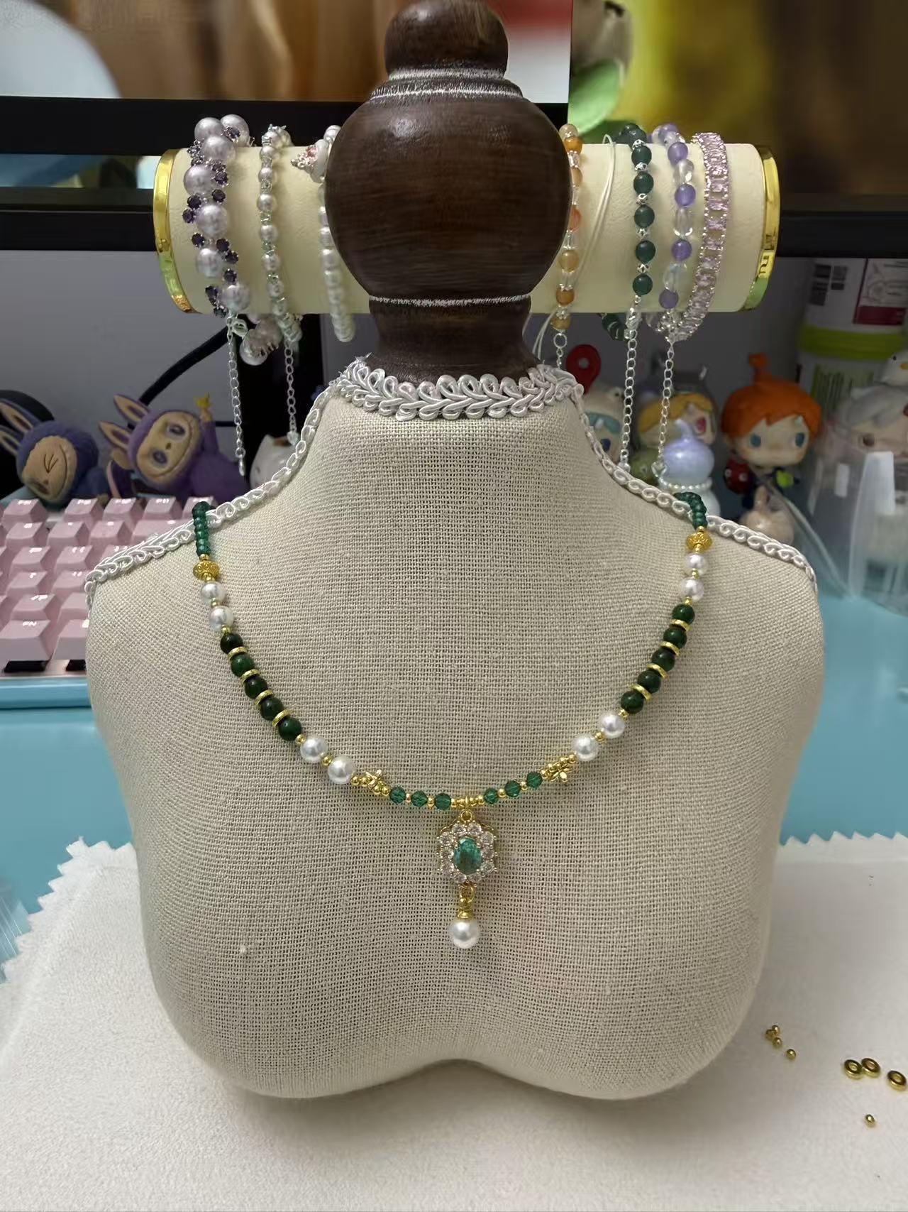 Vintage Emerald & Pearl Beaded Necklace | 14K Gold Plated Zircon Pendant Choker, Elegant Green Stone Necklace for Women N103