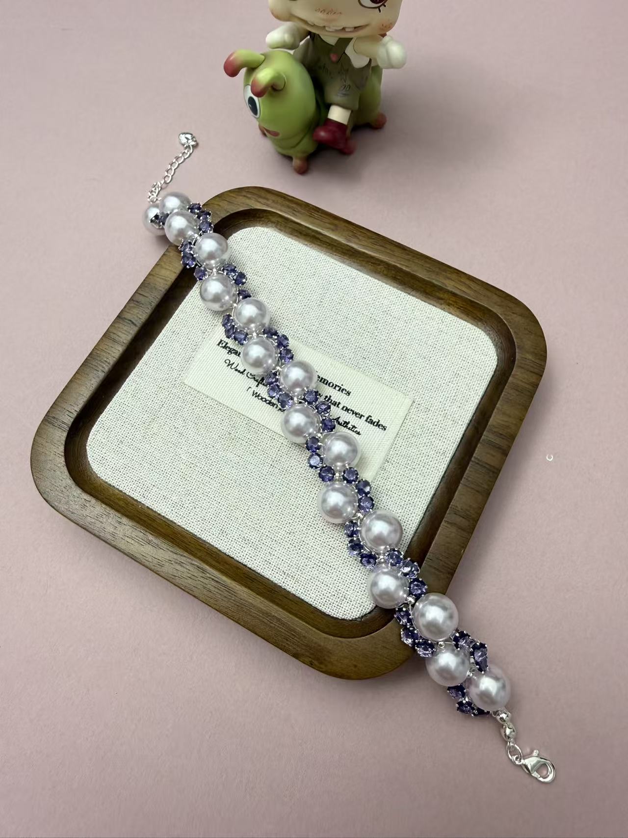 Purple Crystal & White Pearl Beaded Bracelet | Silver Plated Bridal Statement Jewelry for Women B351