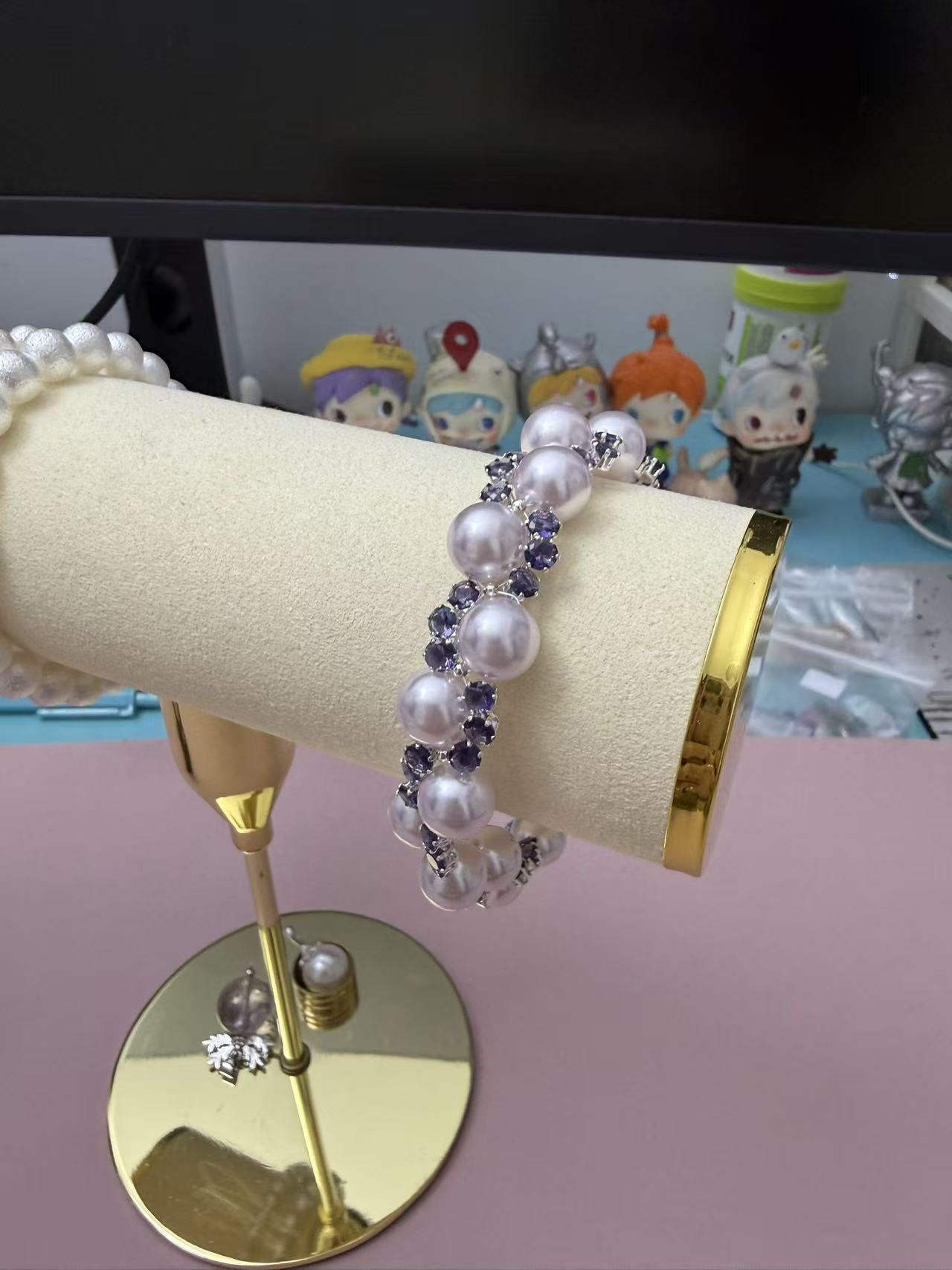 Purple Crystal & White Pearl Beaded Bracelet | Silver Plated Bridal Statement Jewelry for Women B351