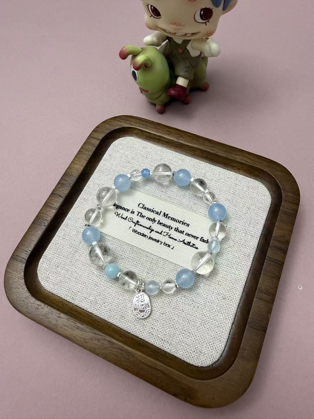 Natural Aquamarine & Clear Quartz Beaded Bracelet | Silver Fu Charm Healing Crystal Bracelet for Women B349