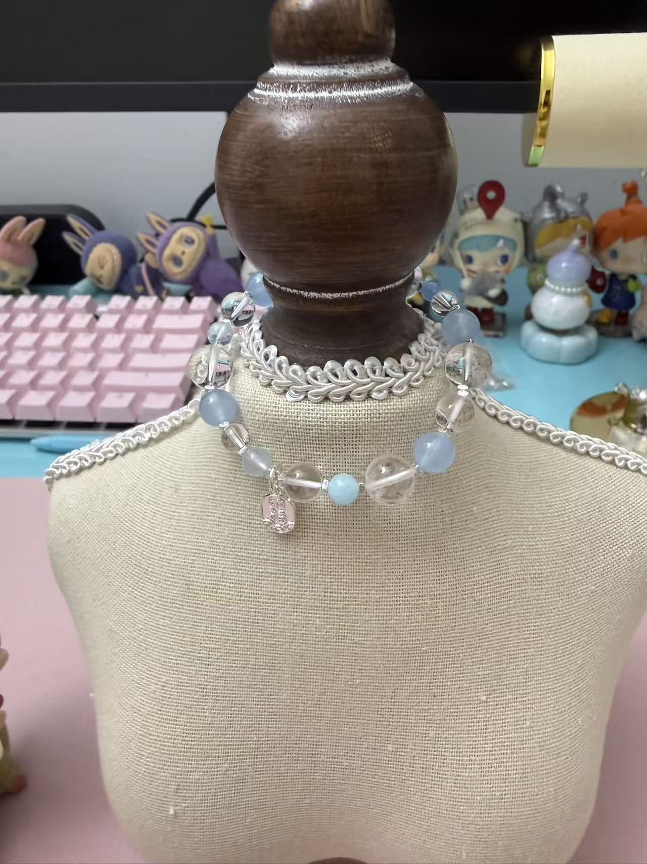 Natural Aquamarine & Clear Quartz Beaded Bracelet | Silver Fu Charm Healing Crystal Bracelet for Women B349