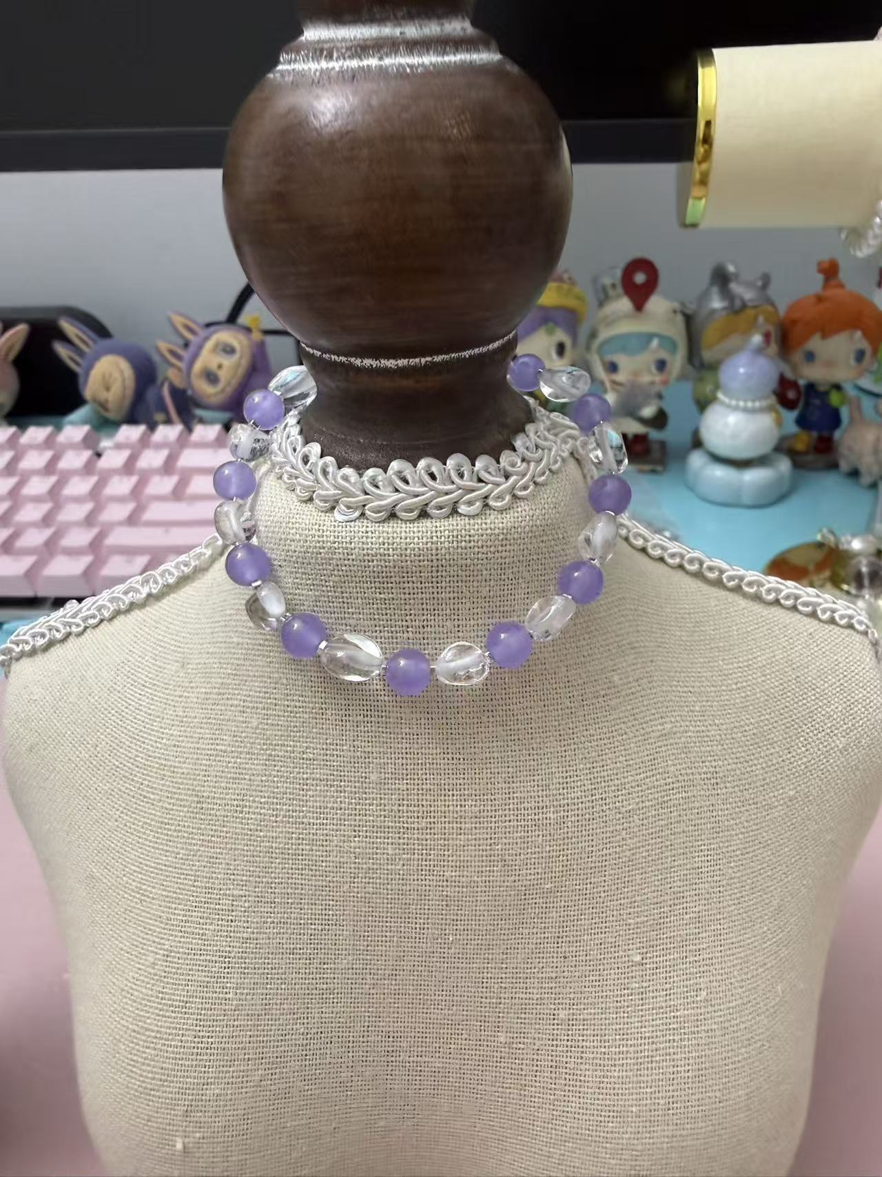 Natural Purple Crystal & Clear Quartz Beaded Bracelet | Silver Plated Adjustable Healing Bracelet for Women B347