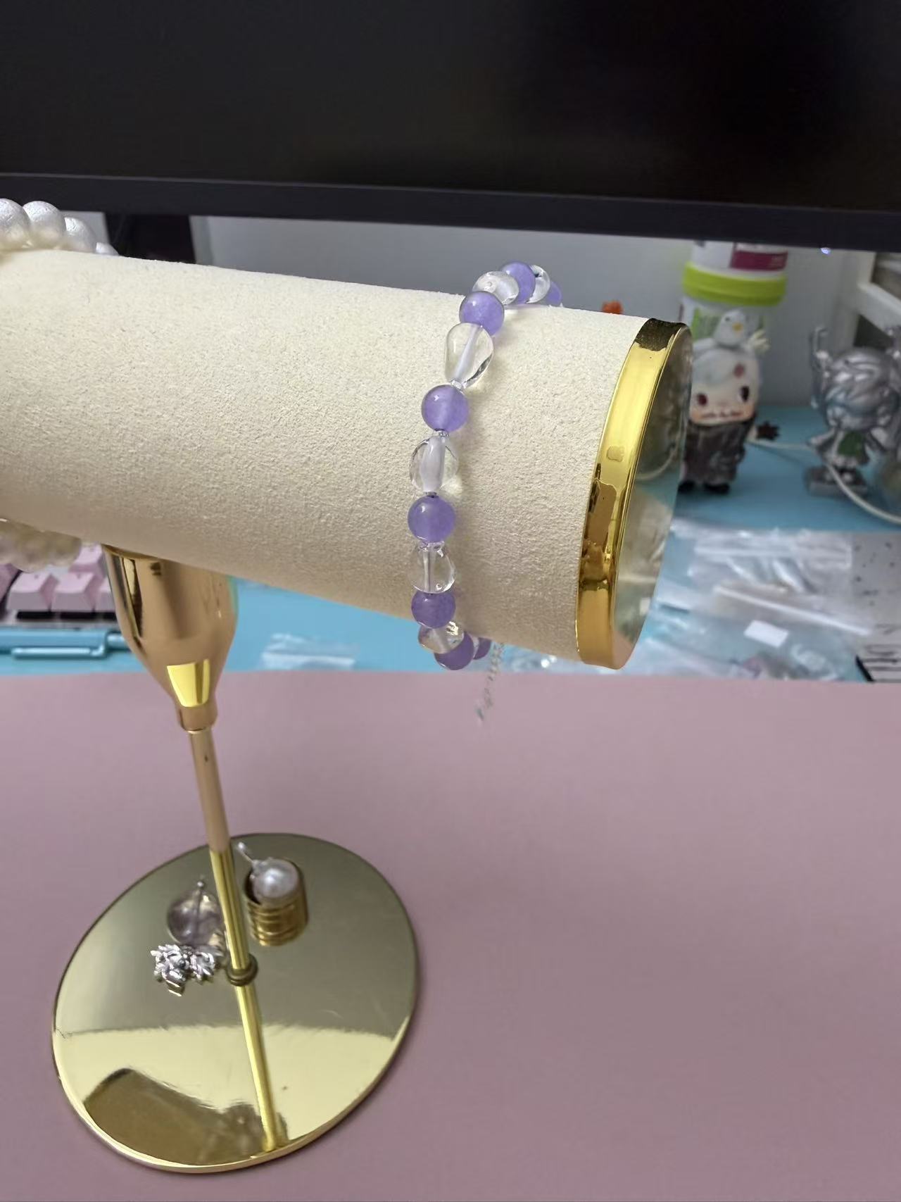 Natural Purple Crystal & Clear Quartz Beaded Bracelet | Silver Plated Adjustable Healing Bracelet for Women B347