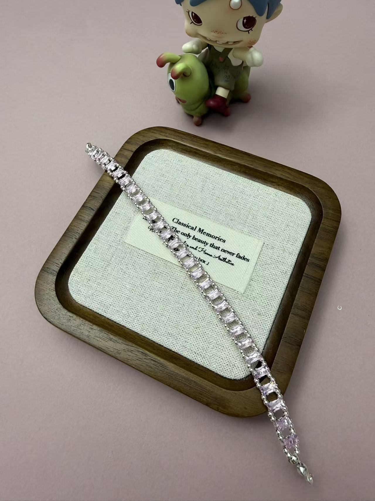 Light Pink Cubic Zirconia Tennis Bracelet | Silver Plated Baguette CZ Link Bracelet for Women B350