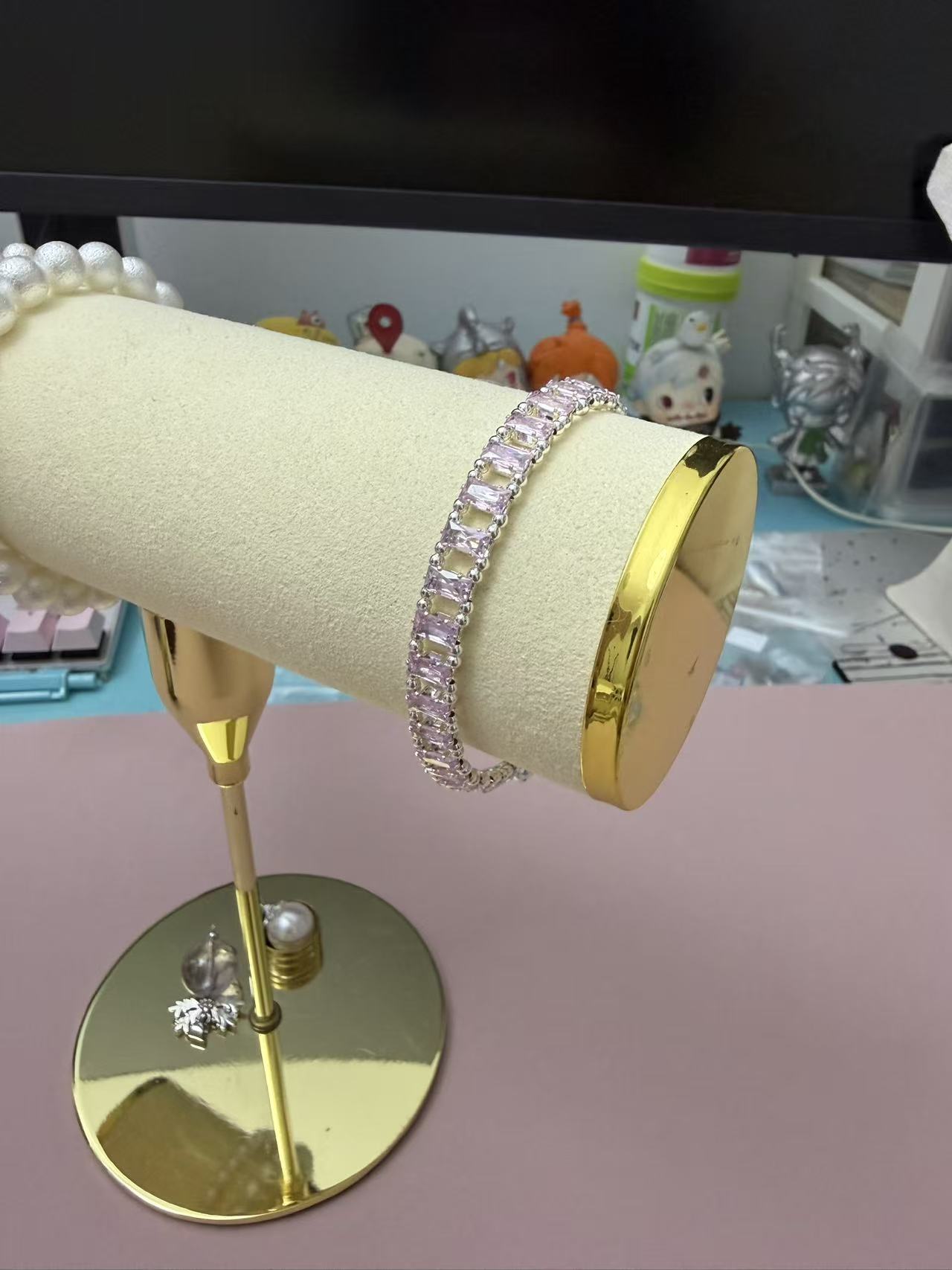 Light Pink Cubic Zirconia Tennis Bracelet | Silver Plated Baguette CZ Link Bracelet for Women B350
