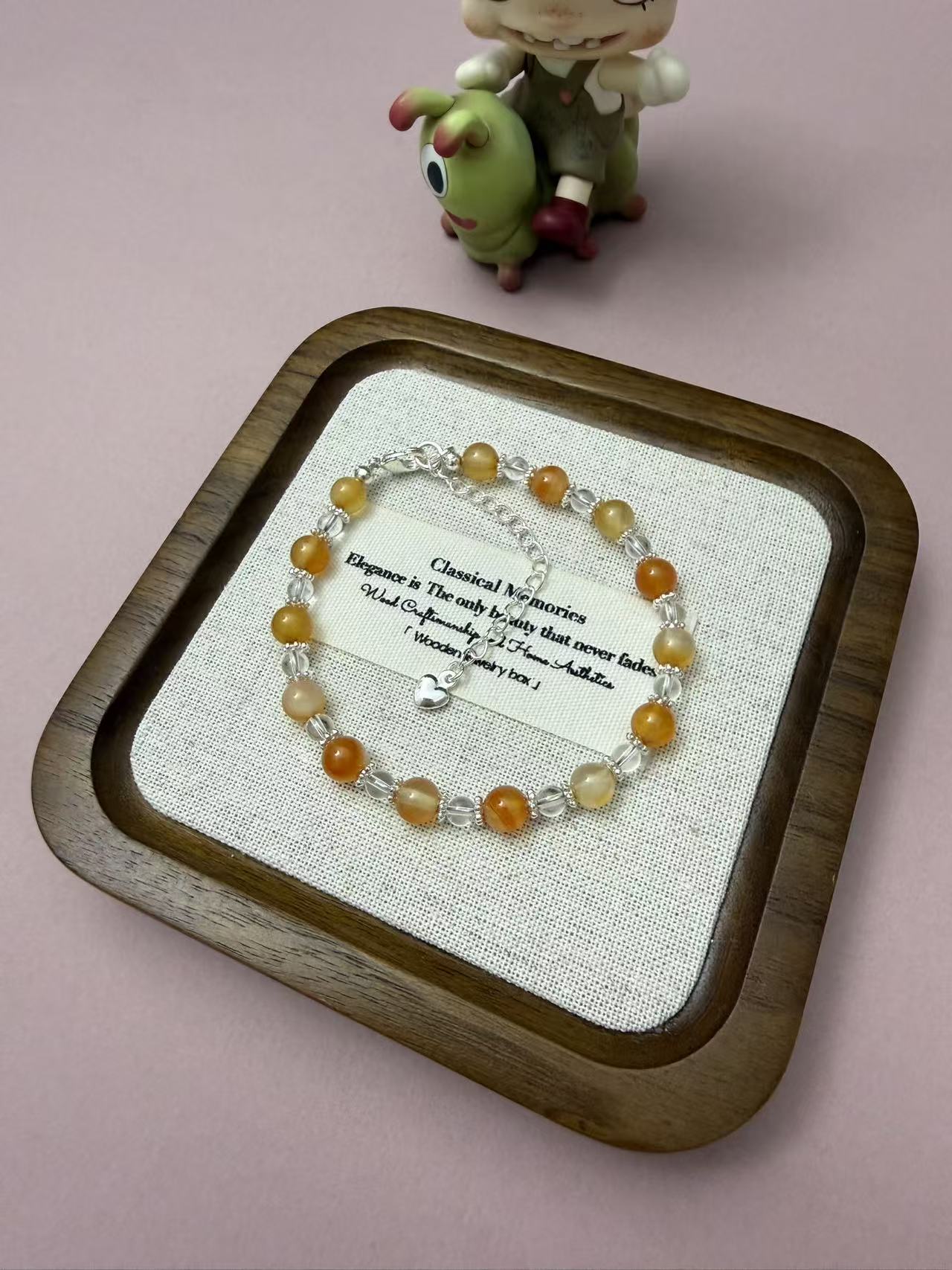 Natural Honey Yellow Crystal & Clear Quartz Beaded Bracelet | Silver Plated Heart Charm Adjustable Bracelet for Women B352