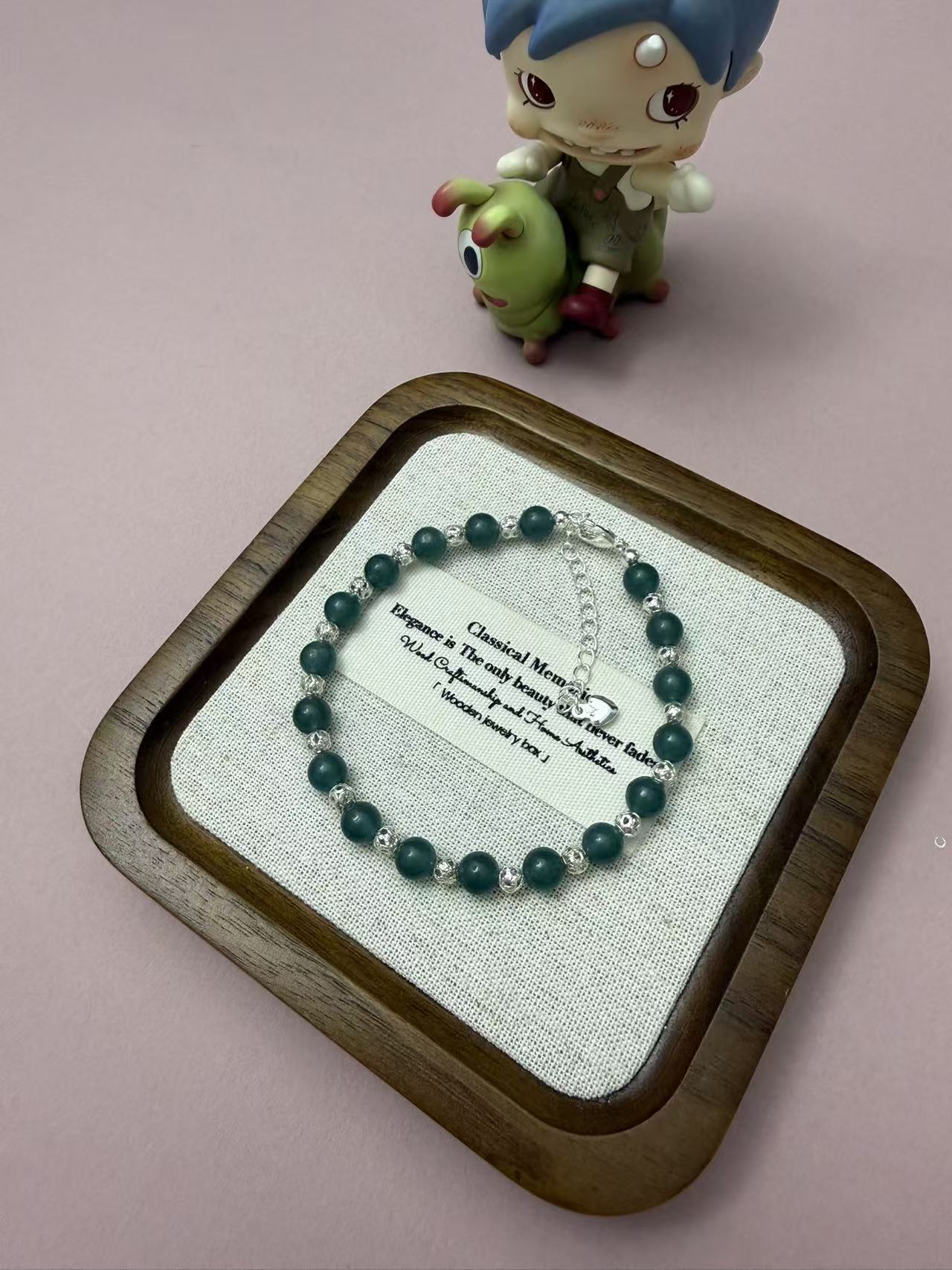 Dark Green Jade-like Beaded Bracelet | Adjustable Sterling Silver Dainty Everyday Bracelet for Women B345