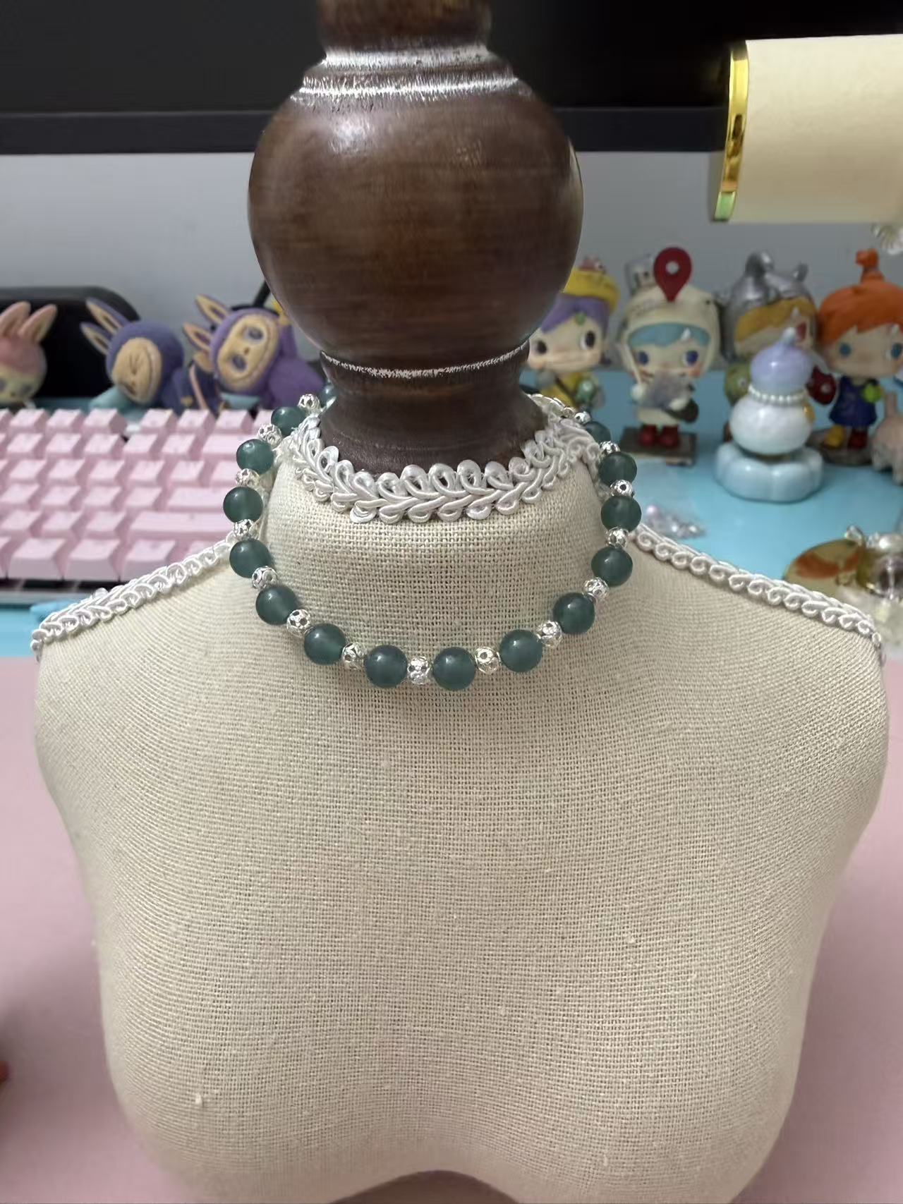 Dark Green Jade-like Beaded Bracelet | Adjustable Sterling Silver Dainty Everyday Bracelet for Women B345