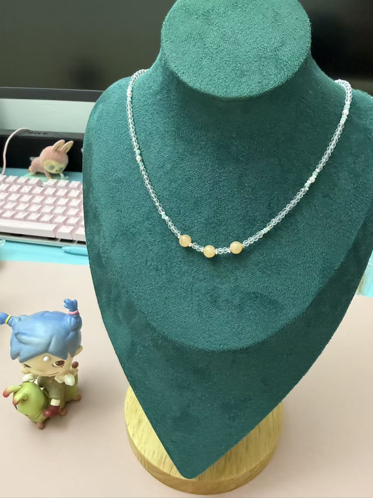 Dainty Clear Crystal Beaded Necklace with Yellow Accents - Adjustable Choker for Women N102