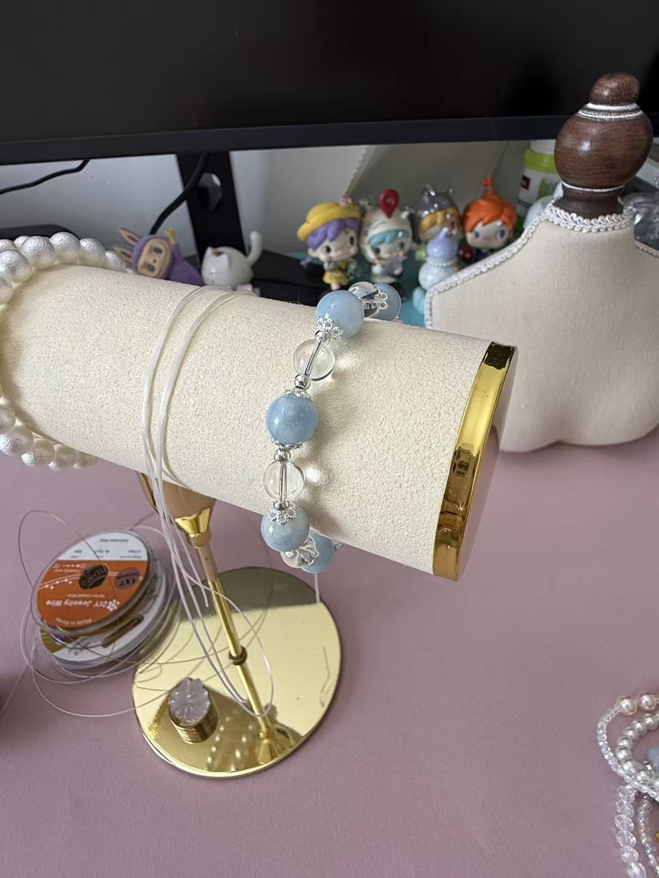 Adjustable Aquamarine & Clear Quartz Beaded Bracelet | Healing Crystal Jewelry for Women B362