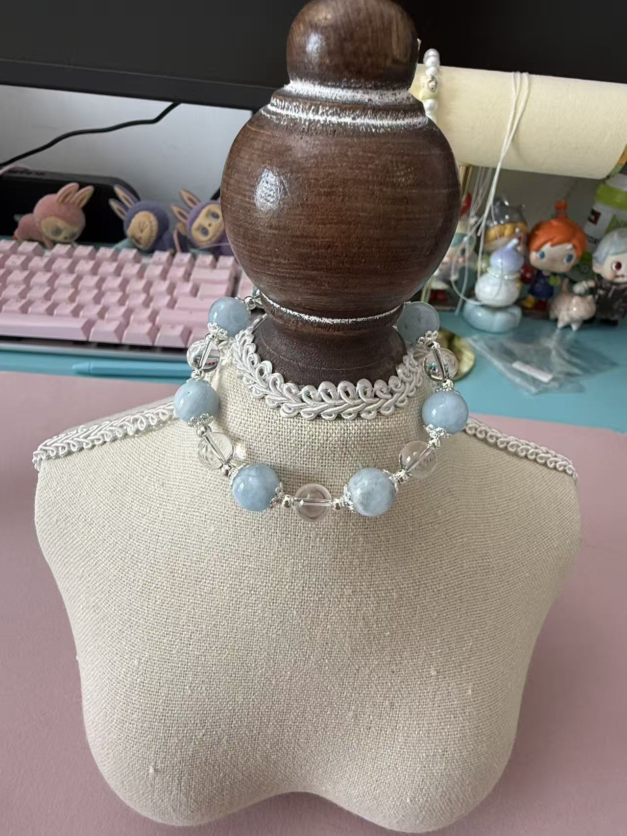 Adjustable Aquamarine & Clear Quartz Beaded Bracelet | Healing Crystal Jewelry for Women B362