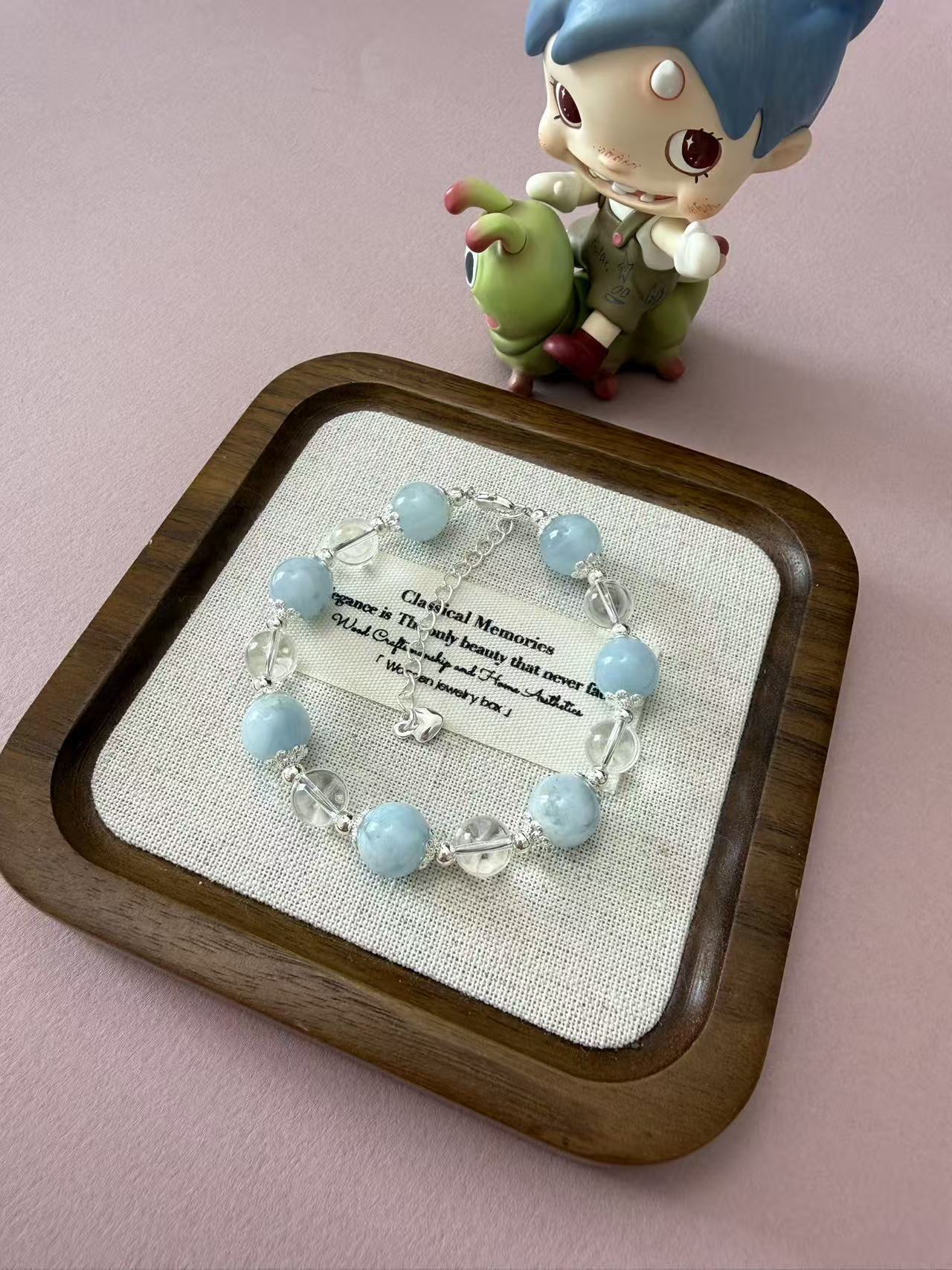 Adjustable Aquamarine & Clear Quartz Beaded Bracelet | Healing Crystal Jewelry for Women B362