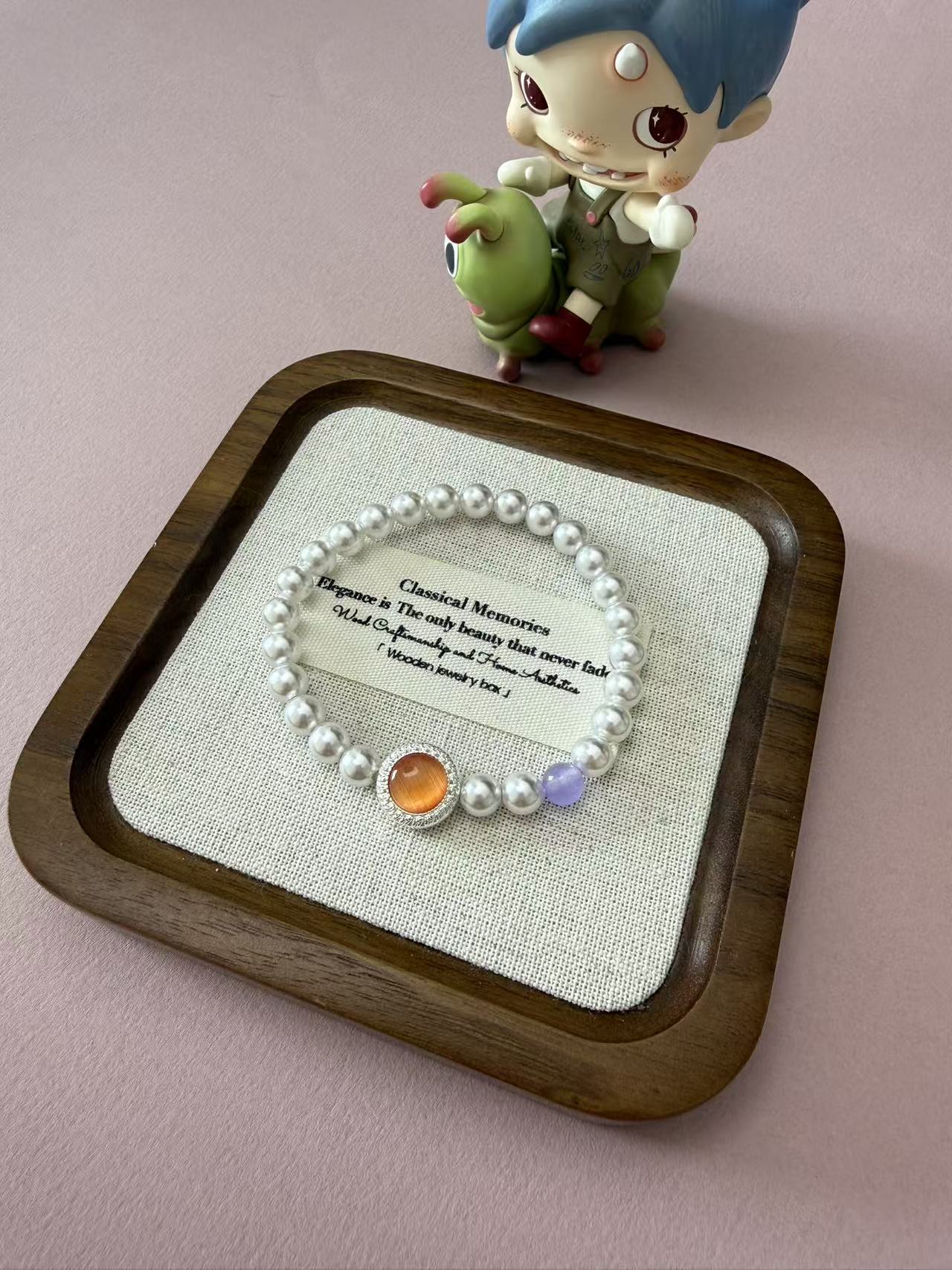 Dainty Faux Pearl Beaded Bracelet with Orange Cat's Eye & Purple Accent B357