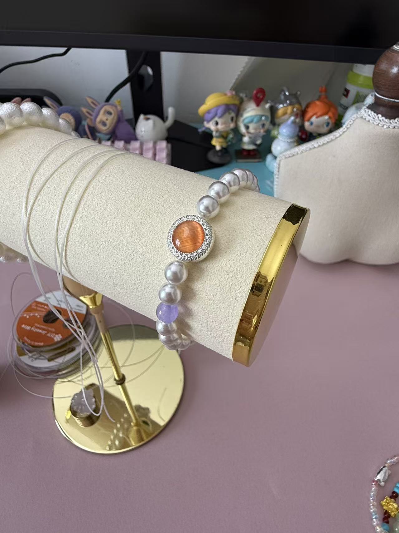Dainty Faux Pearl Beaded Bracelet with Orange Cat's Eye & Purple Accent B357