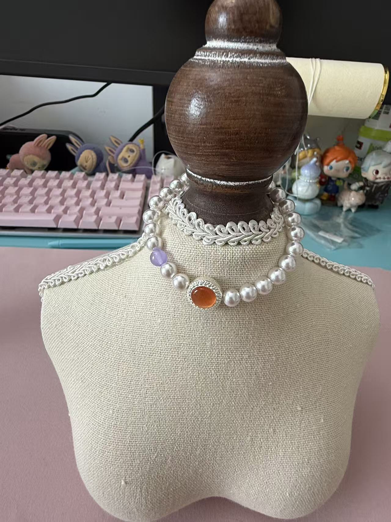 Dainty Faux Pearl Beaded Bracelet with Orange Cat's Eye & Purple Accent B357