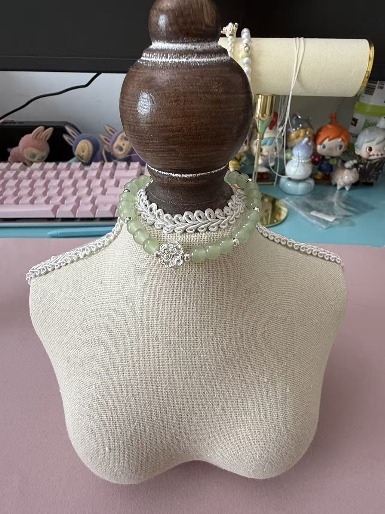 Dainty Green Chalcedony Beaded Bracelet with Silver Lotus Charm B353