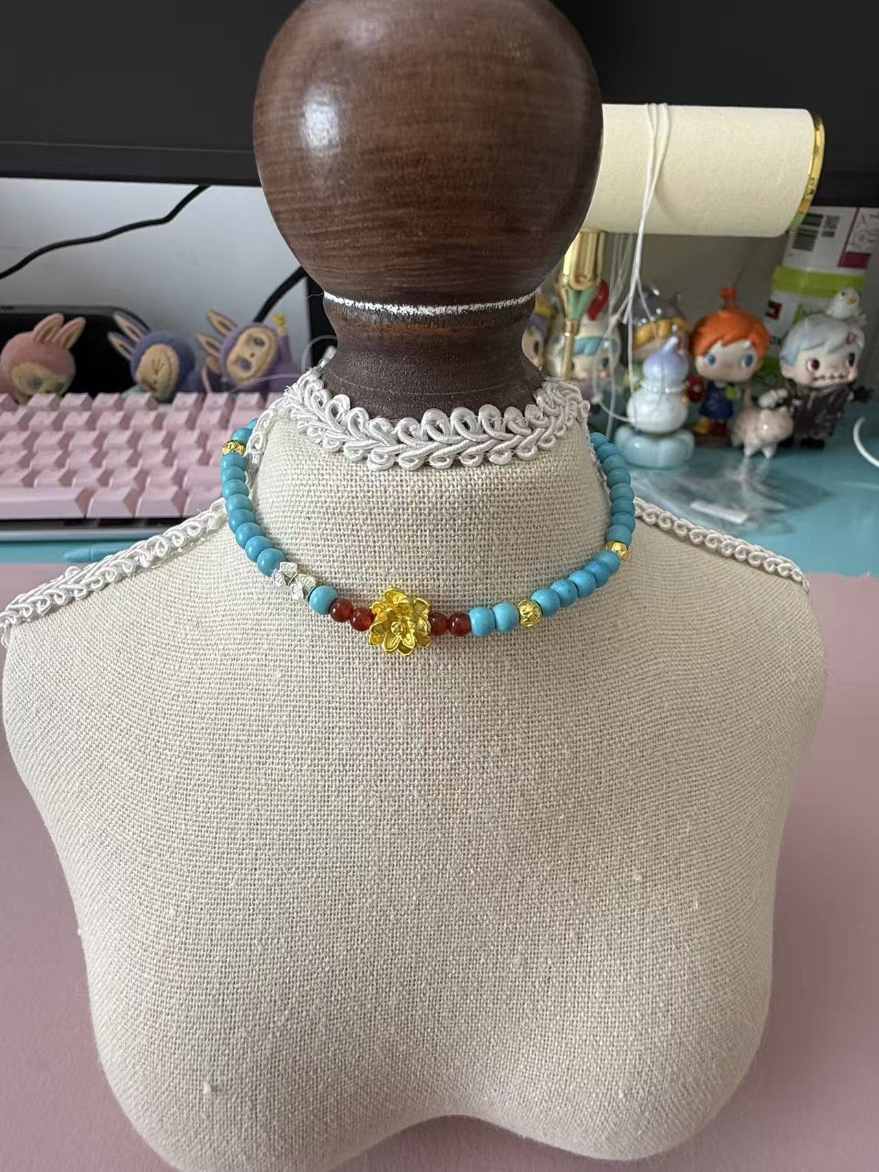 Turquoise Beaded Bracelet with Gold Lotus Charm & Red Agate Accent B359