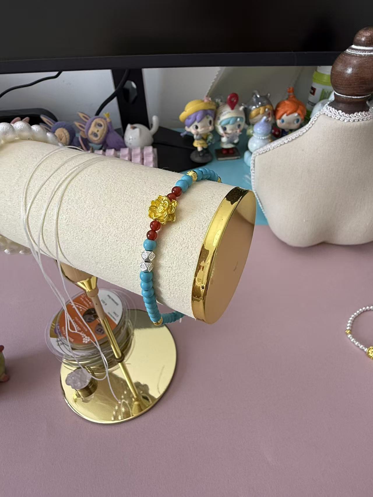 Turquoise Beaded Bracelet with Gold Lotus Charm & Red Agate Accent B359