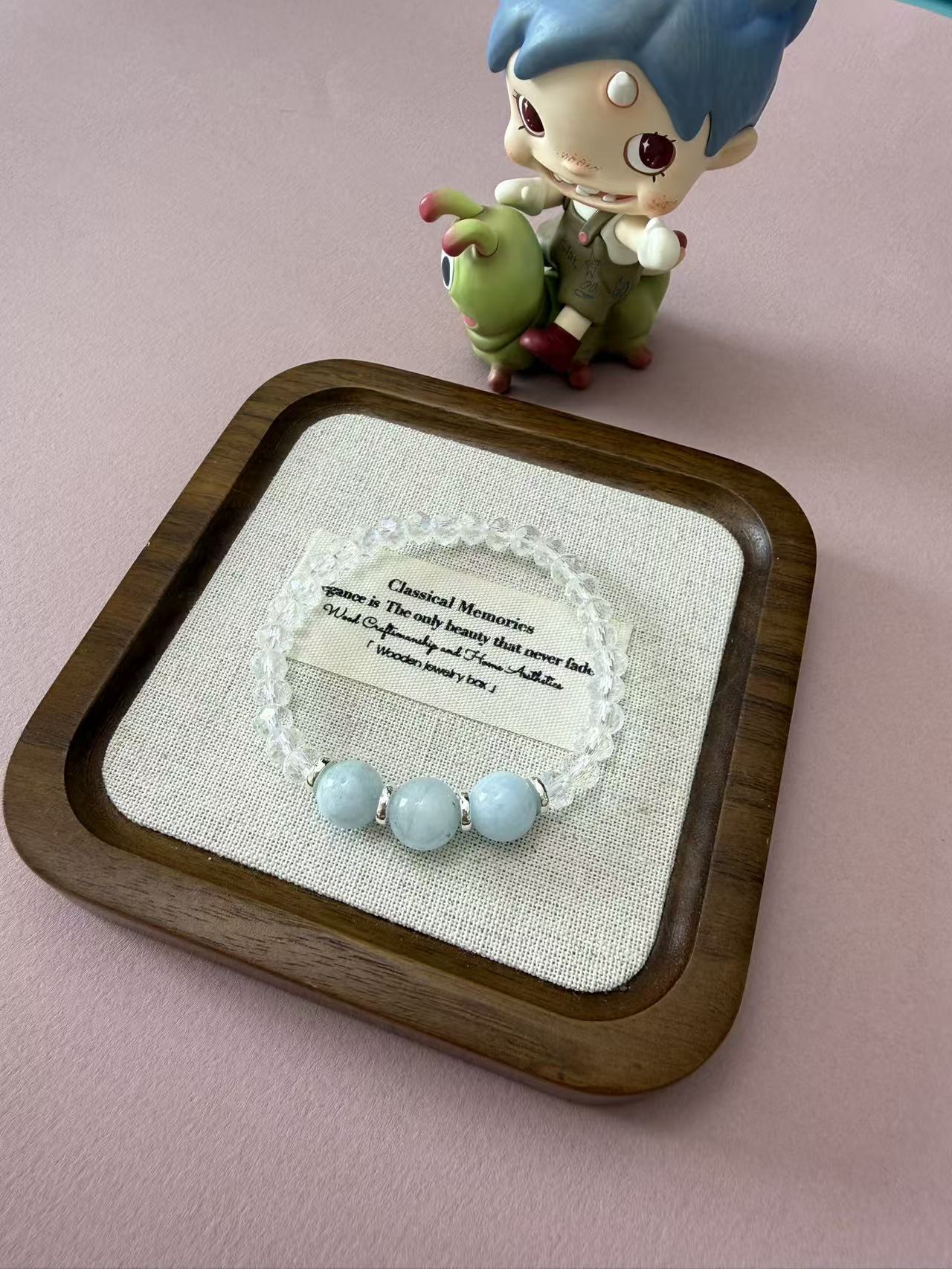 Dainty Clear Faceted Crystal Bracelet with 3 Aquamarine Bead Accents B356