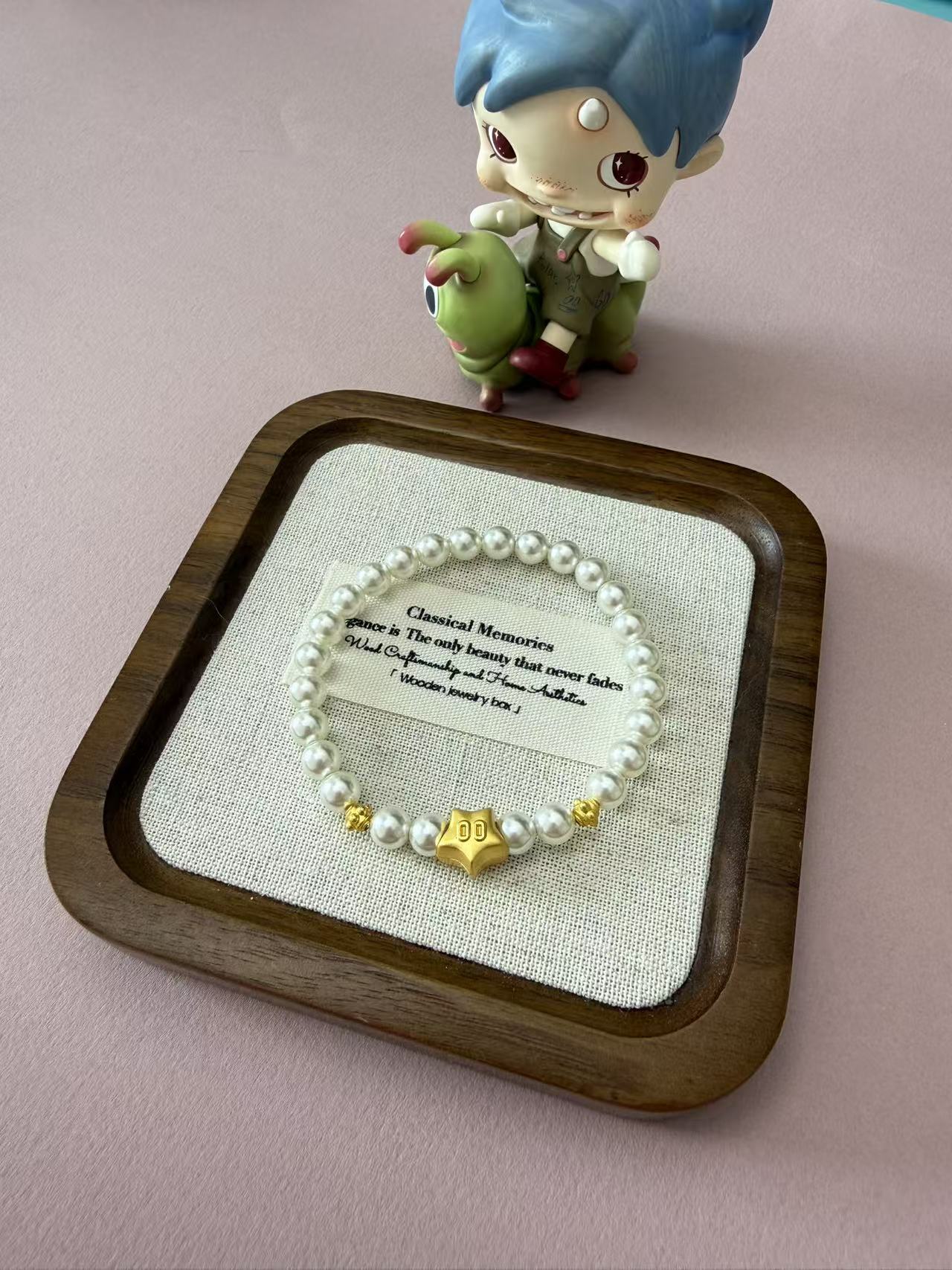 Dainty Faux Pearl Beaded Bracelet with Gold Star Charm for Women B