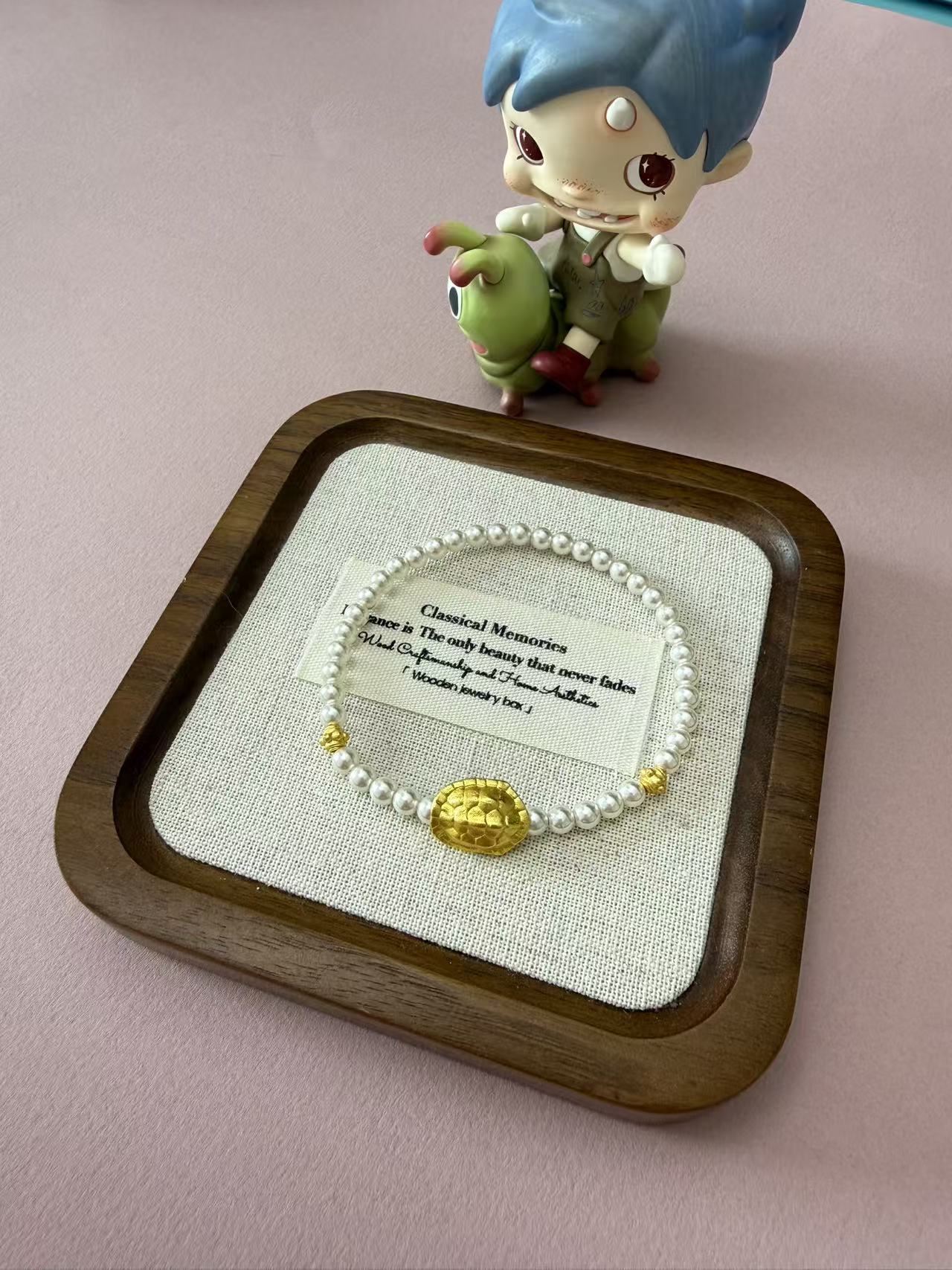 Dainty Faux Pearl Bracelet with Gold Turtle Charm, "Wealth & Longevity" Inspired B355