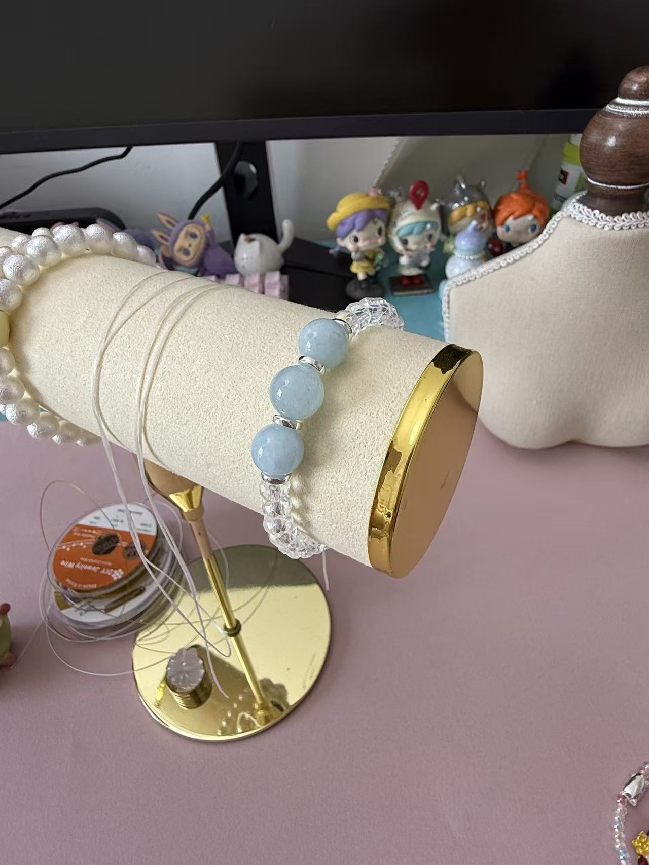 Dainty Clear Faceted Crystal Bracelet with 3 Aquamarine Bead Accents B356
