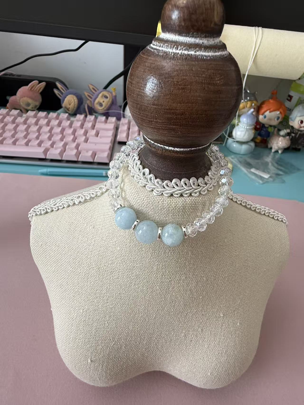 Dainty Clear Faceted Crystal Bracelet with 3 Aquamarine Bead Accents B356
