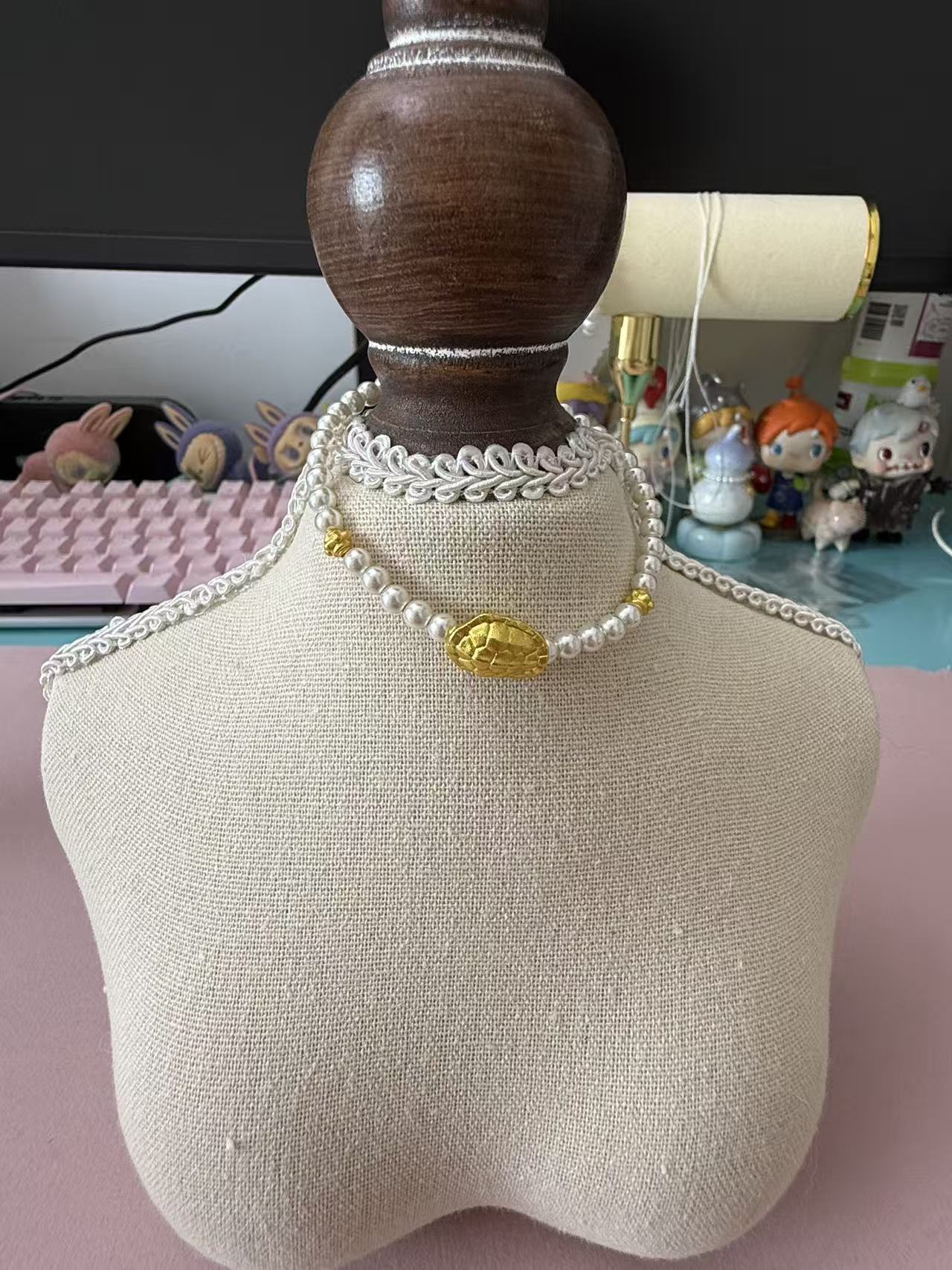 Dainty Faux Pearl Bracelet with Gold Turtle Charm, "Wealth & Longevity" Inspired B355