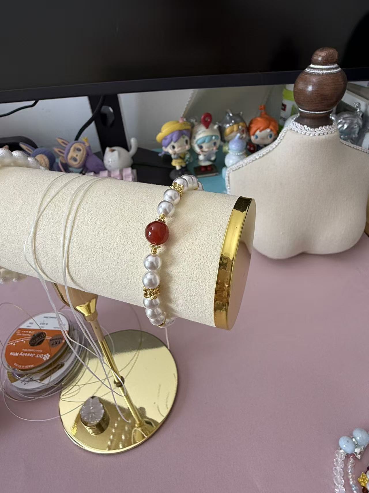 Dainty Faux Pearl Bracelet with Red Agate Accent & Gold Floral Charms B361