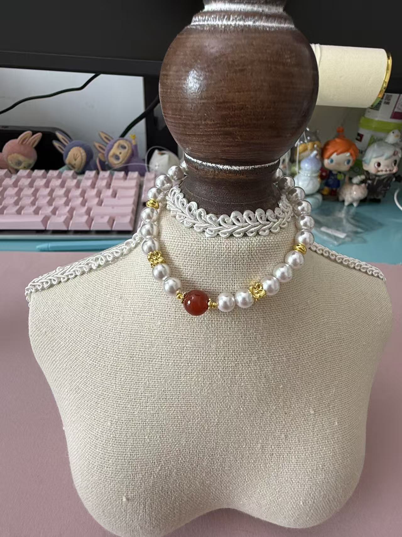 Dainty Faux Pearl Bracelet with Red Agate Accent & Gold Floral Charms B361