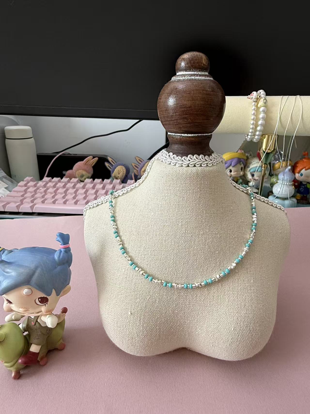 Dainty Turquoise & Silver Tube Beaded Choker Necklace for Women N107