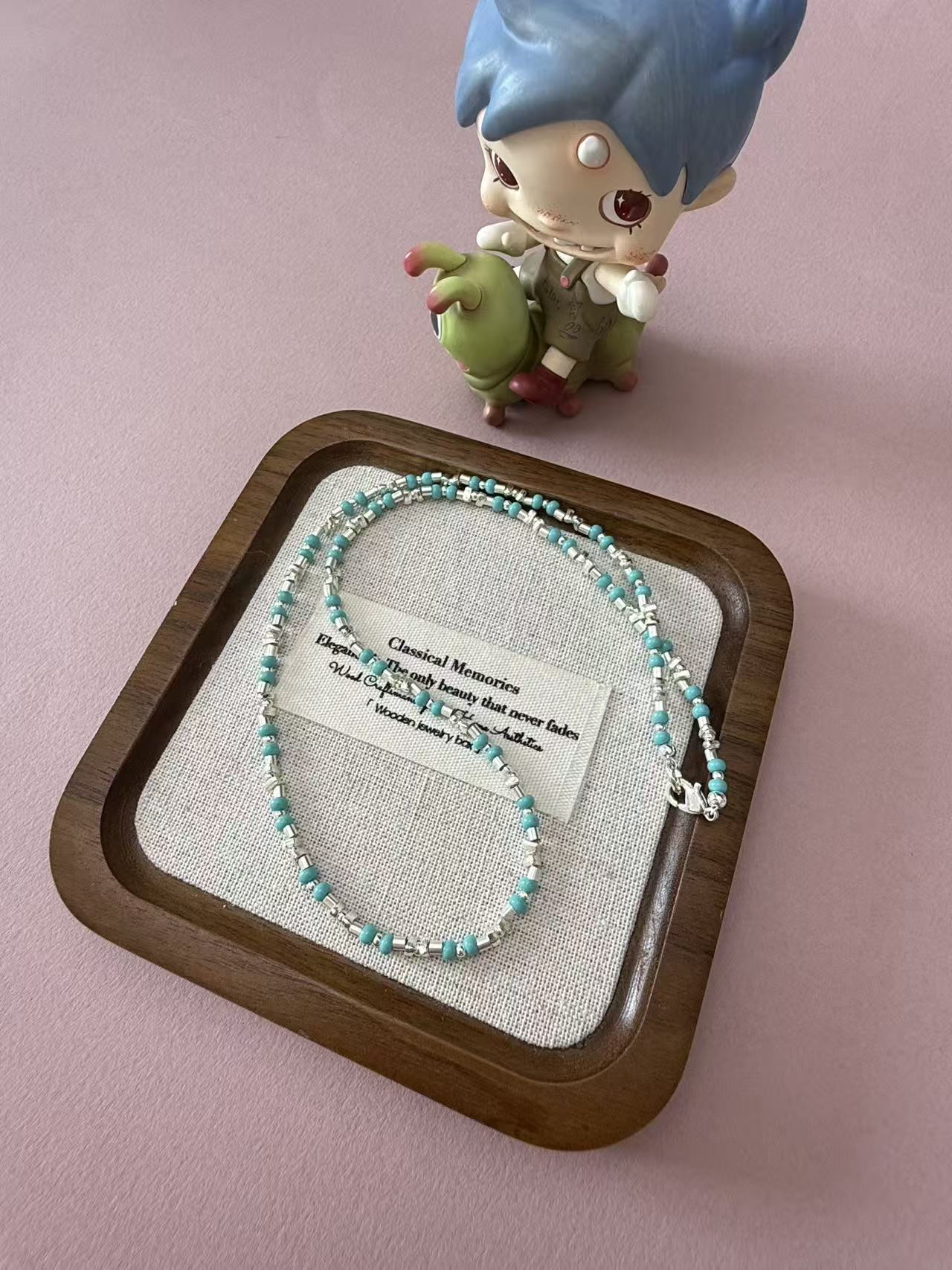 Dainty Turquoise & Silver Tube Beaded Choker Necklace for Women N107