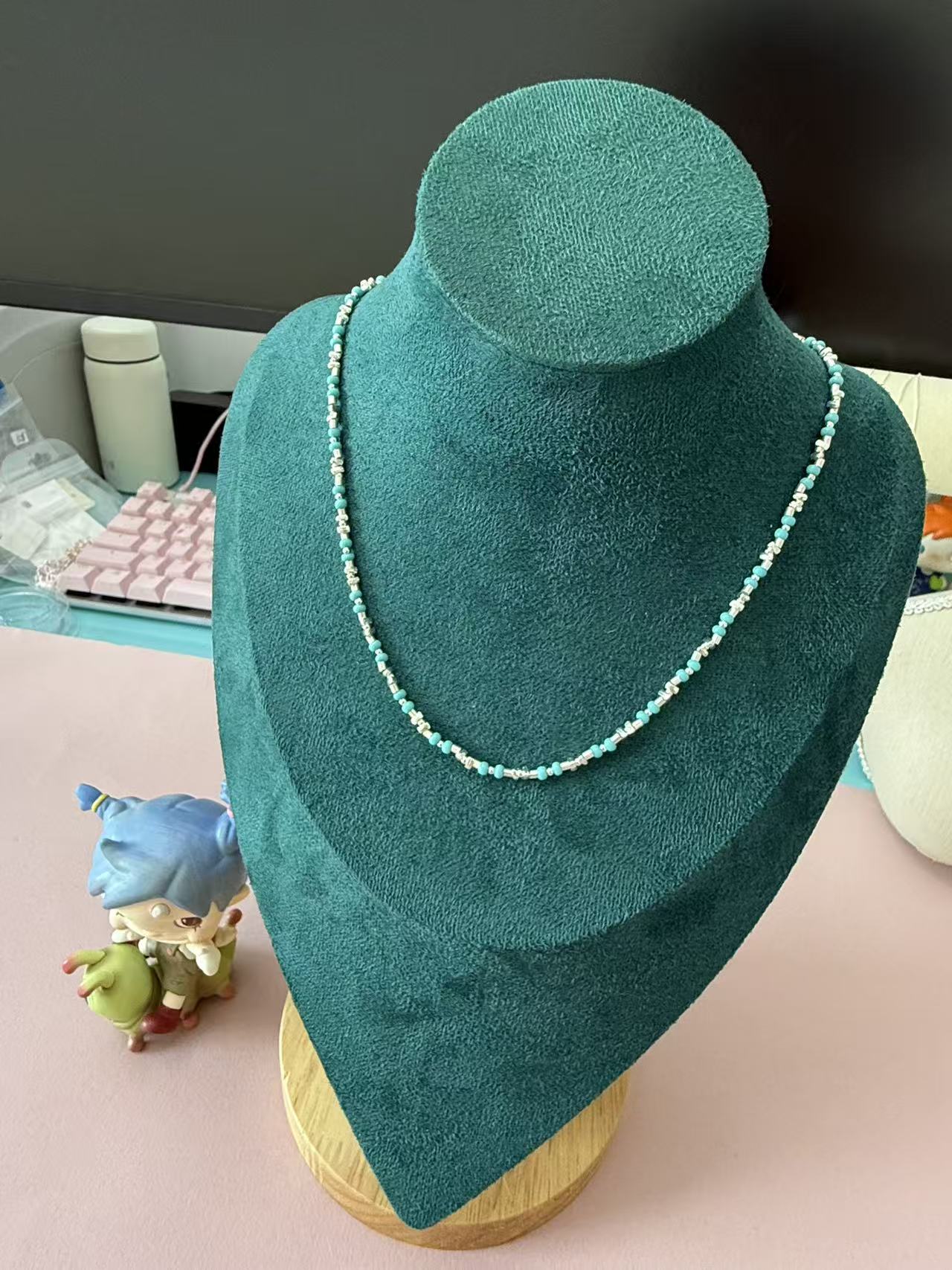 Dainty Turquoise & Silver Tube Beaded Choker Necklace for Women N107