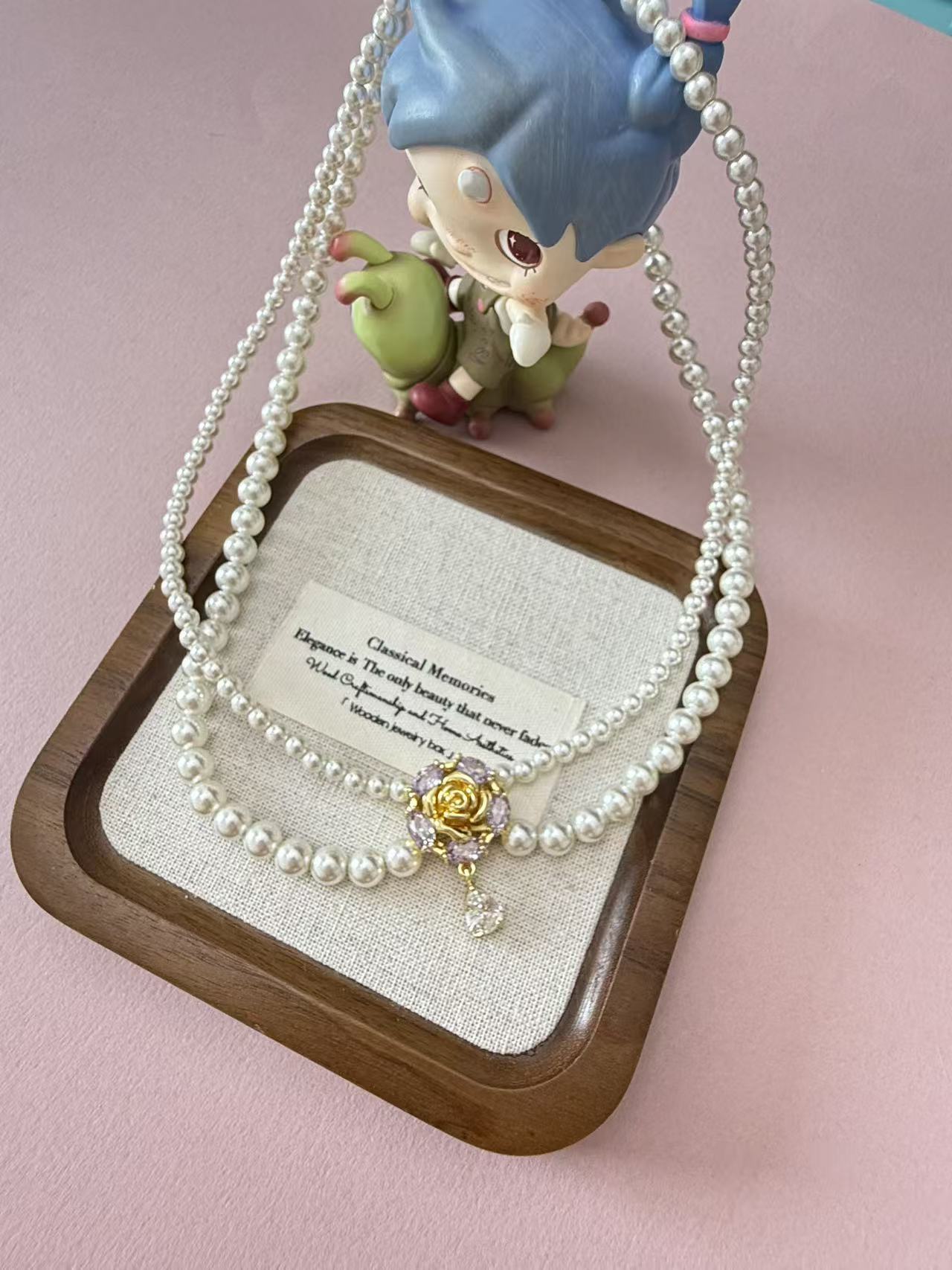Double Layer Graduated Pearl Necklace with Gold Rose & Cubic Zirconia Pendant for Women N108