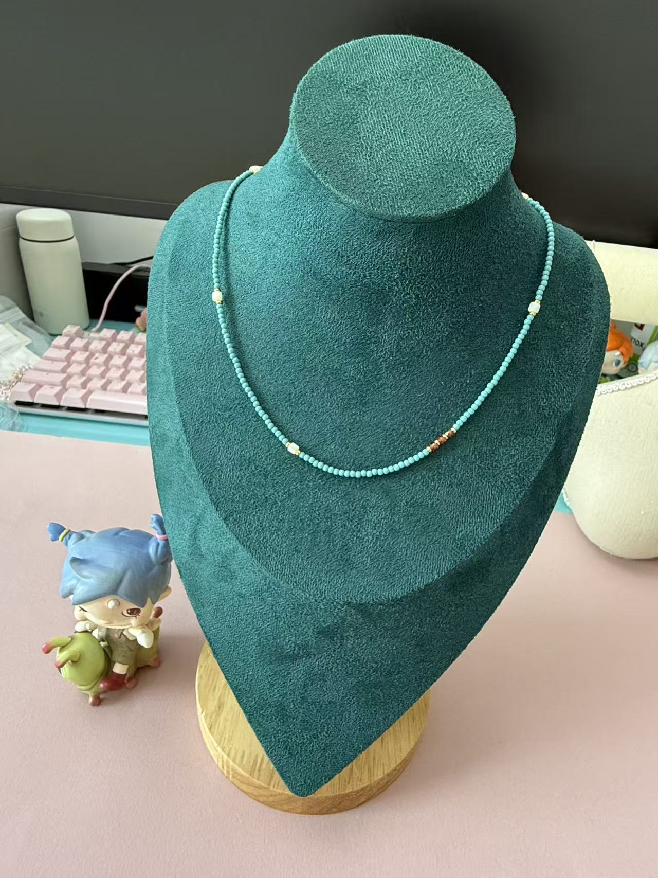 Dainty Turquoise Seed Bead Choker Necklace with Red Agate & White Accents N104