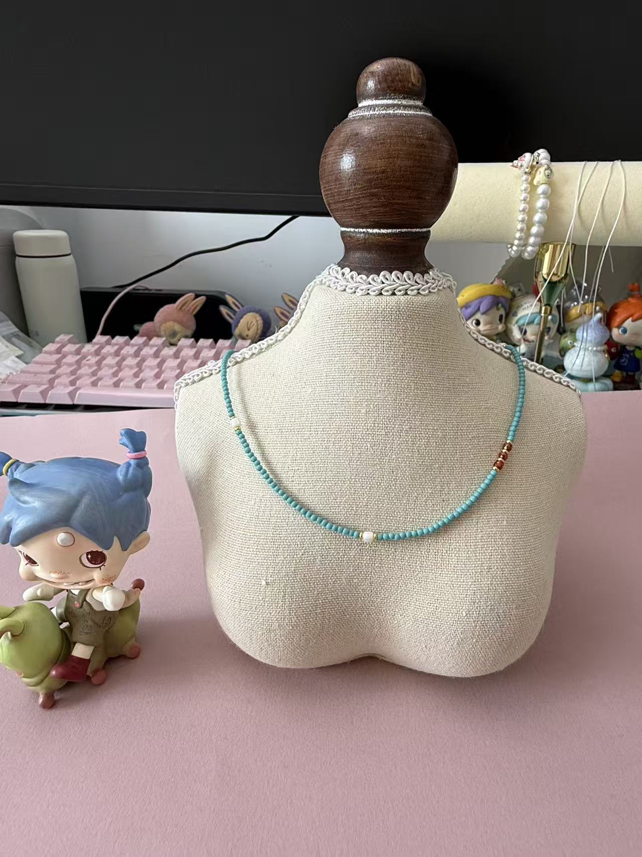 Dainty Turquoise Seed Bead Choker Necklace with Red Agate & White Accents N104