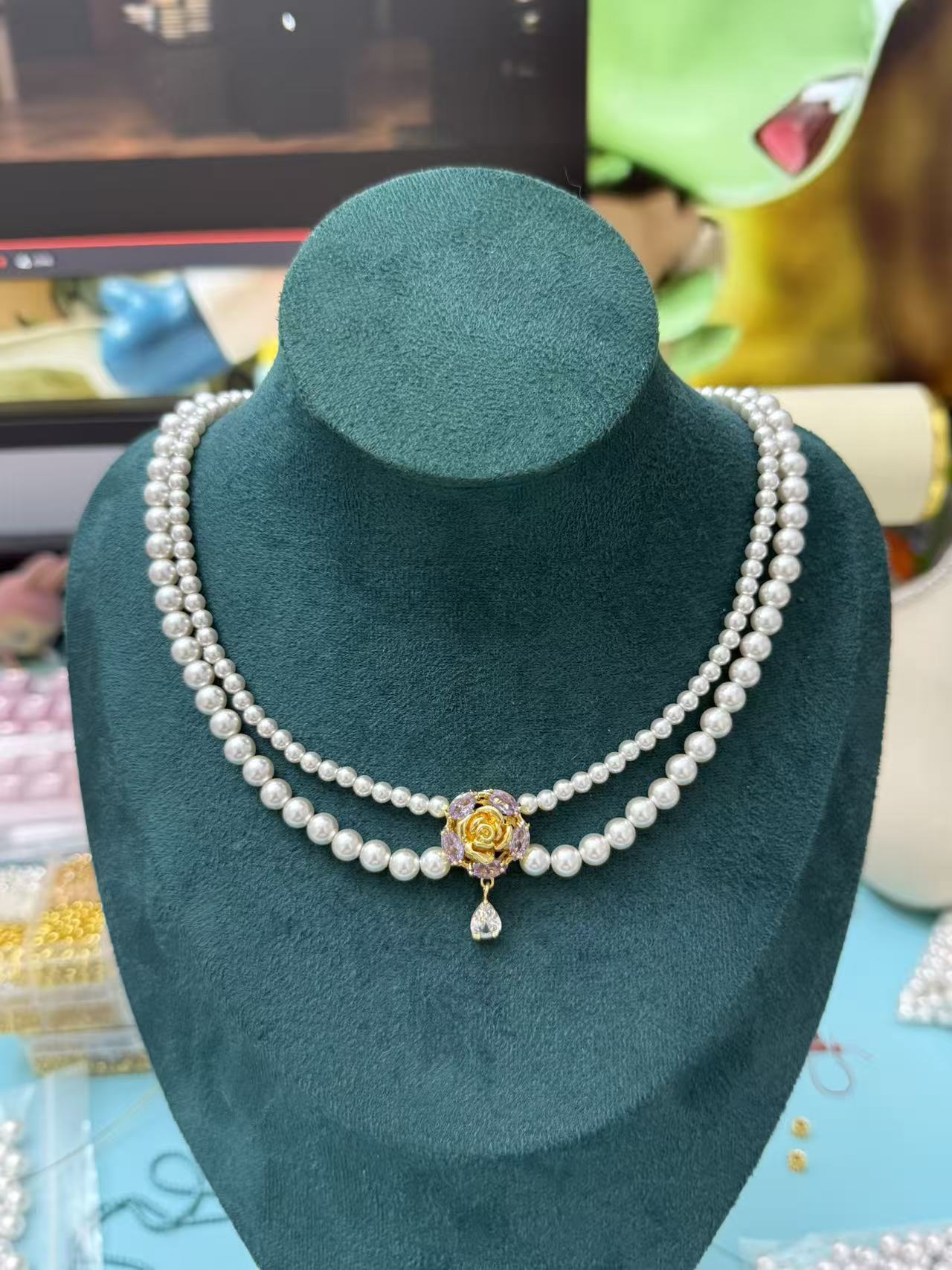 Double Layer Graduated Pearl Necklace with Gold Rose & Cubic Zirconia Pendant for Women N108