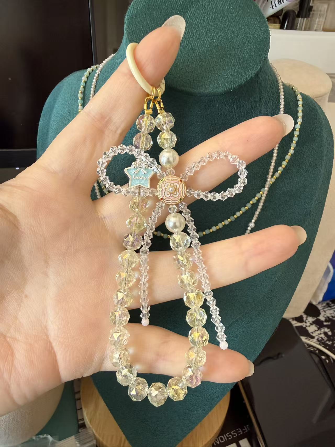 Crystal Bow Phone Charm with Lucky Star Pendant - Aesthetic Beaded Phone Strap P09